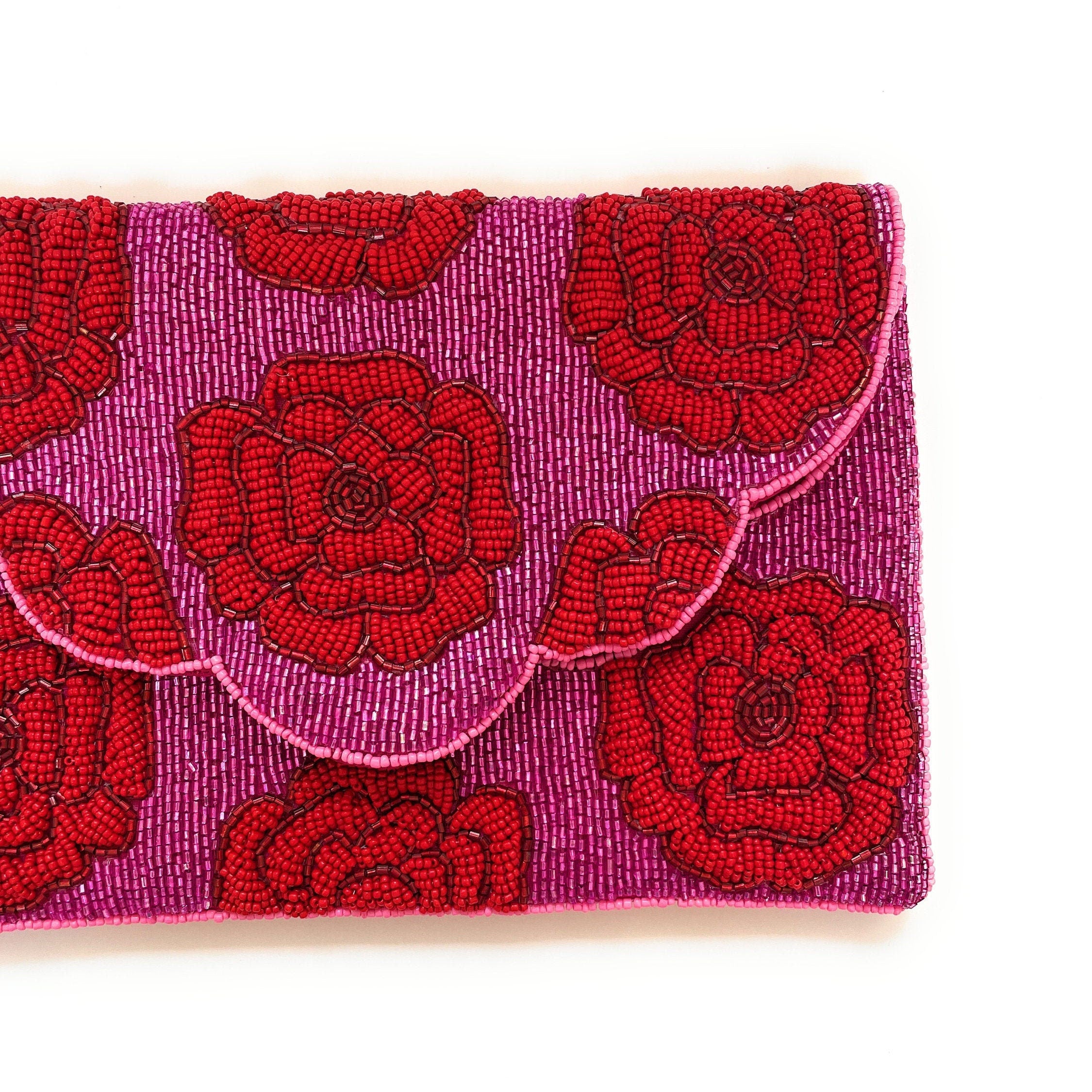 FLORAL Beaded Clutch, Fuchsia Beaded Clutch, Floral Beaded Clutch Purse, Summer Clutch Bag, Party Clutch Purse, Birthday Gift, Bridal Gift