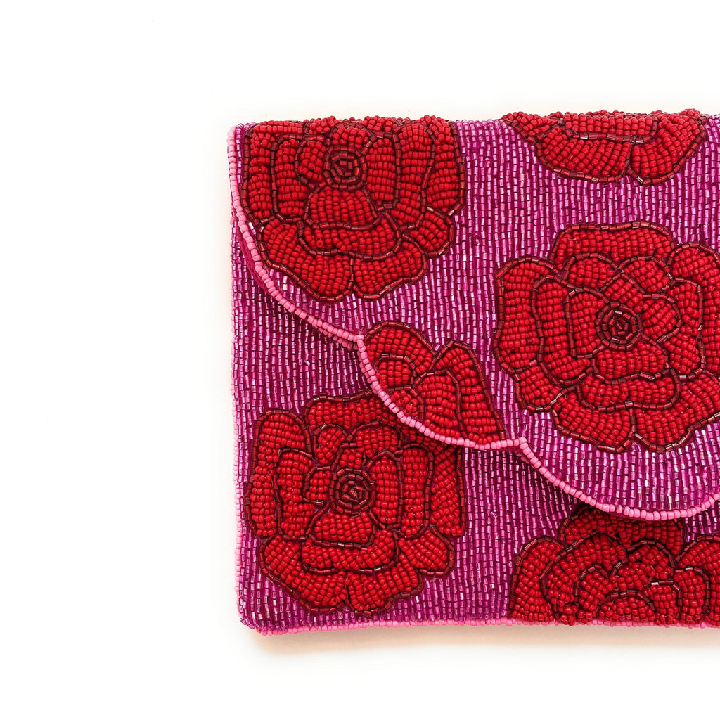 FLORAL Beaded Clutch, Fuchsia Beaded Clutch, Floral Beaded Clutch Purse, Summer Clutch Bag, Party Clutch Purse, Birthday Gift, Bridal Gift