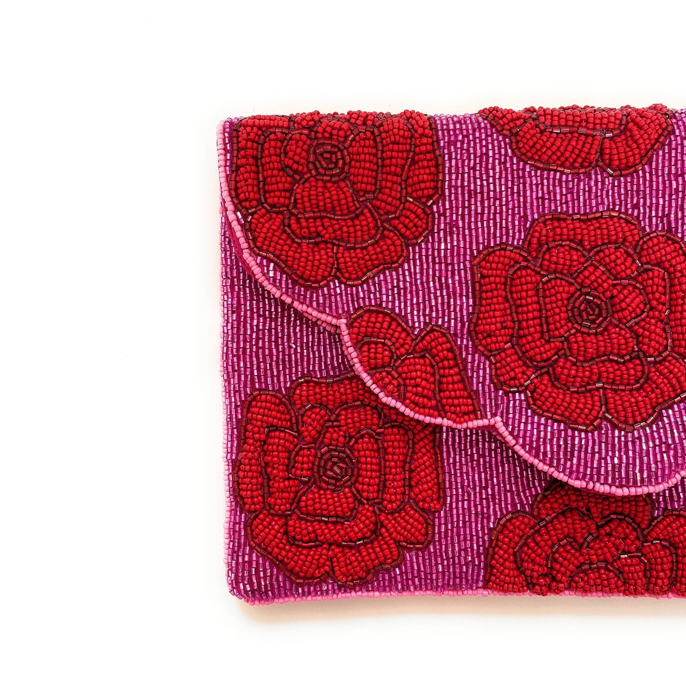 FLORAL Beaded Clutch, Fuchsia Beaded Clutch, Floral Beaded Clutch Purse, Summer Clutch Bag, Party Clutch Purse, Birthday Gift, Bridal Gift