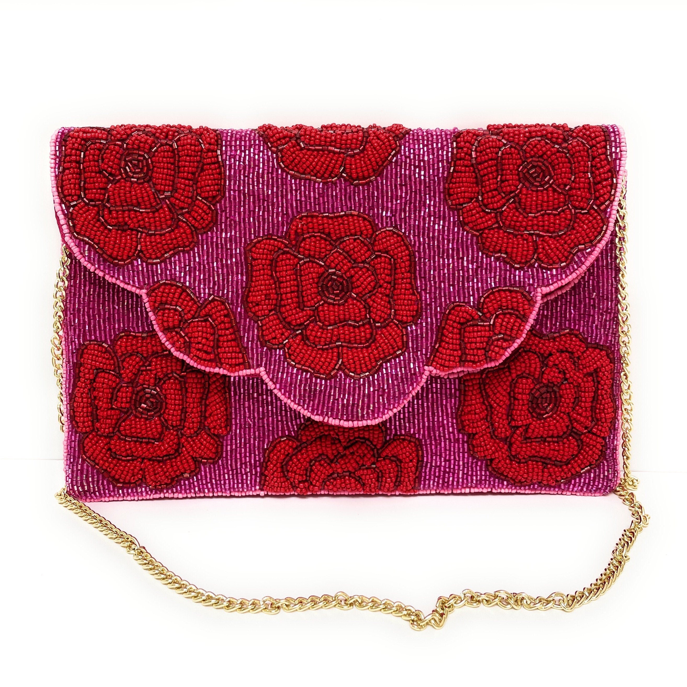 FLORAL Beaded Clutch, Fuchsia Beaded Clutch, Floral Beaded Clutch Purse, Summer Clutch Bag, Party Clutch Purse, Birthday Gift, Bridal Gift