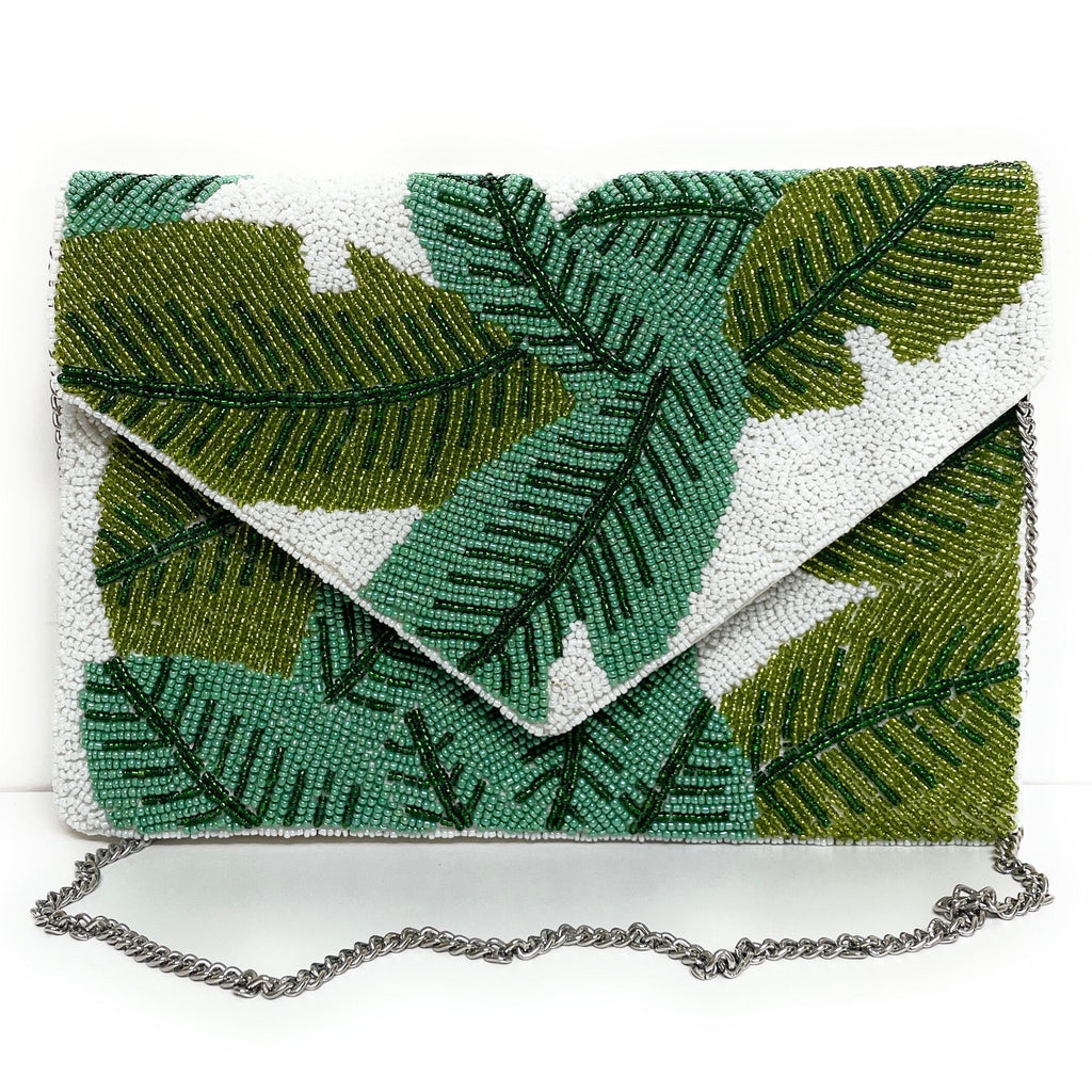 Hand Beaded Clutch Purse with Beautiful Palm Leaf Motifs Birthday Gift, Summer Accessories, Tropical Clutch Handbag, Palm Leaf Crossbody Bag