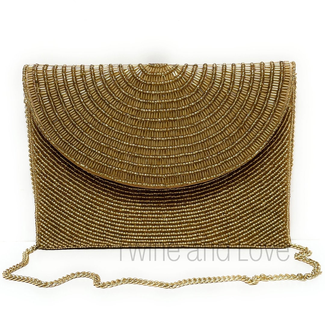 Gold Beaded Clutch, Seed Bead Gold Clutch Bag, Gold Beaded Clutch Purse, Wedding Clutch Bag, Party Clutch Purse, Birthday Gift, Bridal Gifts
