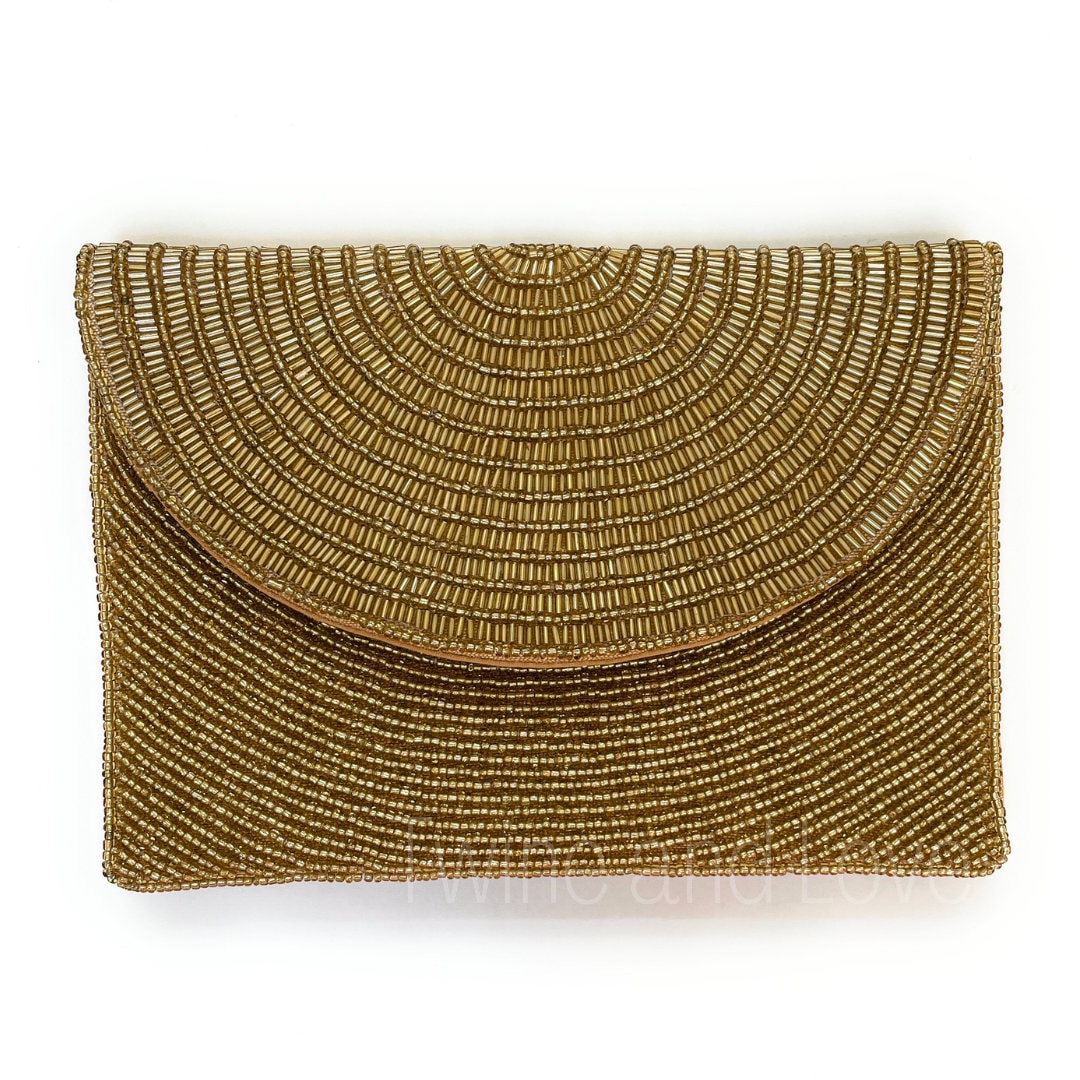 Gold Beaded Clutch, Seed Bead Gold Clutch Bag, Gold Beaded Clutch Purse, Wedding Clutch Bag, Party Clutch Purse, Birthday Gift, Bridal Gifts