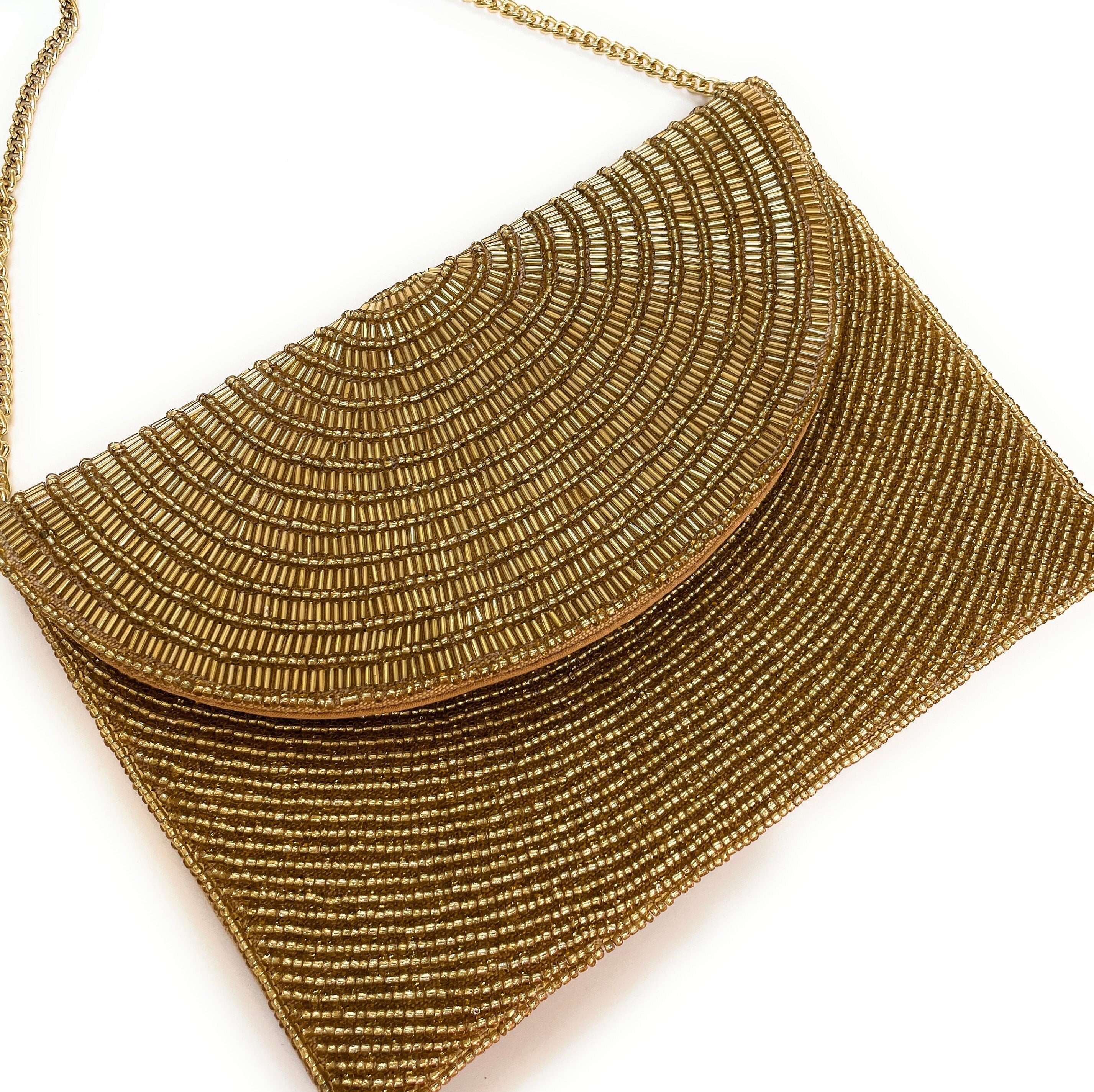 Gold Beaded Clutch, Seed Bead Gold Clutch Bag, Gold Beaded Clutch Purse, Wedding Clutch Bag, Party Clutch Purse, Birthday Gift, Bridal Gifts