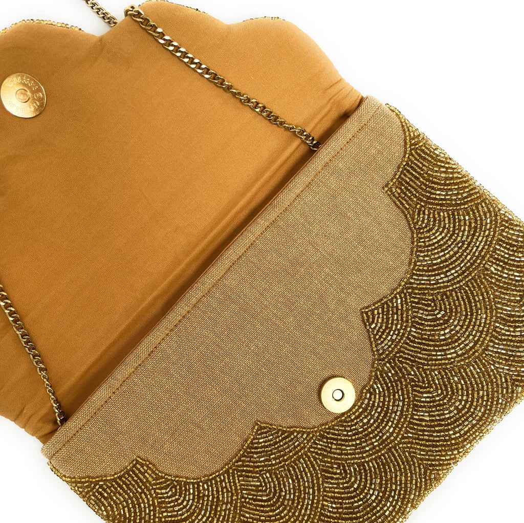 Handmade Beaded Clutch, Shimmering Gold Evening Bag