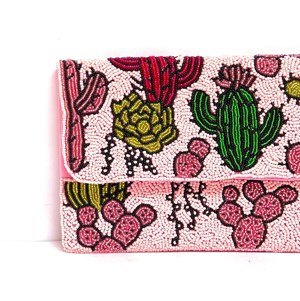 Pink Desert Cactus Beaded Clutch Purse, Succulent Southwestern Boho Crossbody Purse, Beaded Clutch Purse, Rodeo Cowgirl Bag, Best Seller