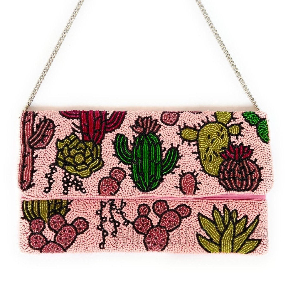 Pink Desert Cactus Beaded Clutch Purse, Succulent Southwestern Boho Crossbody Purse, Beaded Clutch Purse, Rodeo Cowgirl Bag, Best Seller