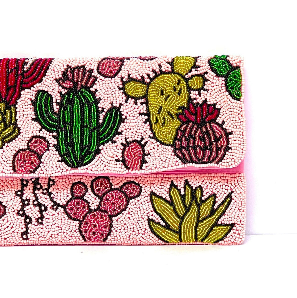 Pink Desert Cactus Beaded Clutch Purse, Succulent Southwestern Boho Crossbody Purse, Beaded Clutch Purse, Rodeo Cowgirl Bag, Best Seller