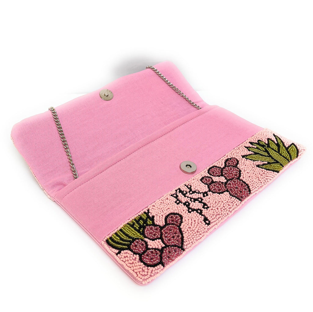 Pink Desert Cactus Beaded Clutch Purse, Succulent Southwestern Boho Crossbody Purse, Beaded Clutch Purse, Rodeo Cowgirl Bag, Best Seller