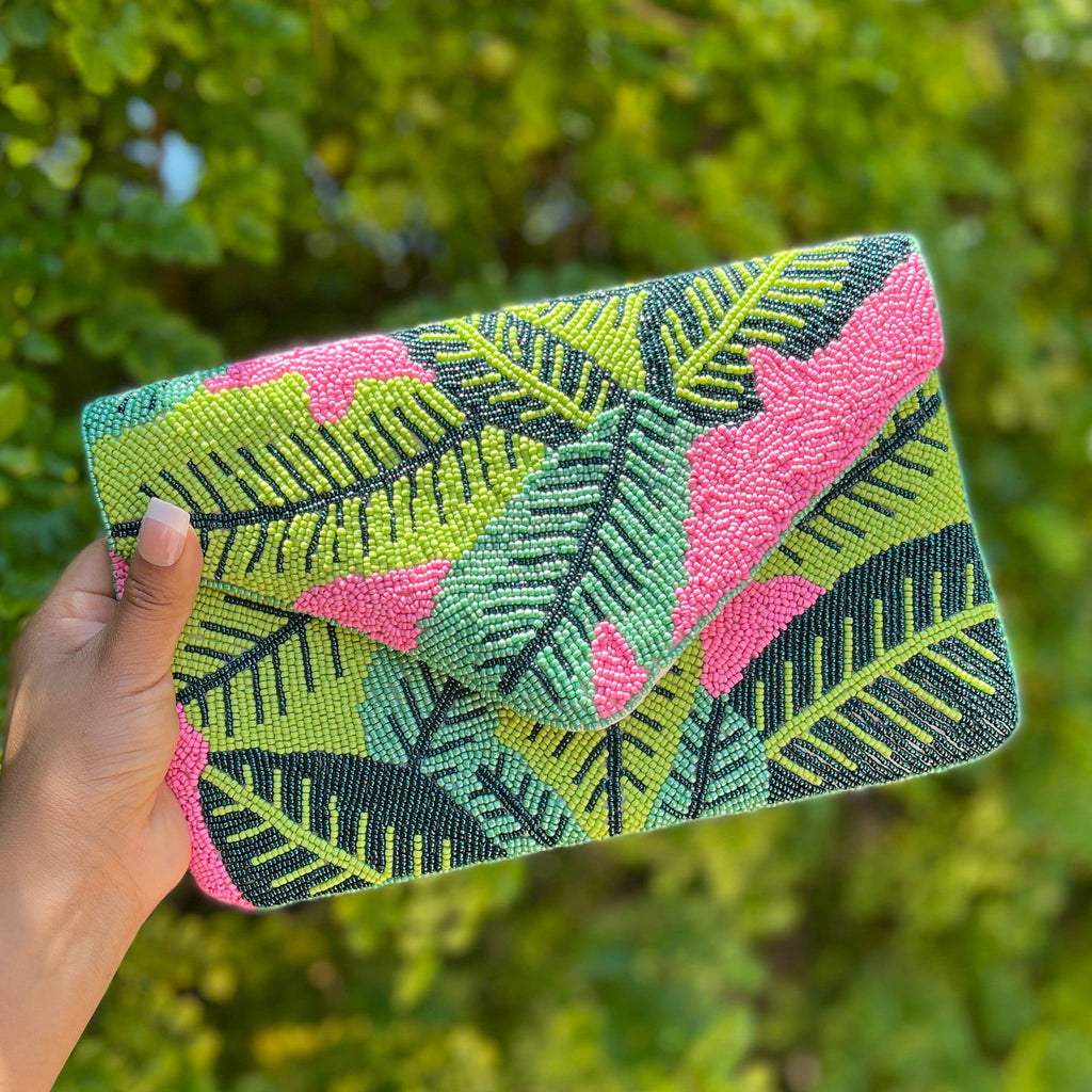 Hand Beaded Clutch Purse with Beautiful Palm Leaf Motifs Birthday Gift, Summer Accessories, Tropical Clutch Handbag, Palm Leaf Crossbody Bag