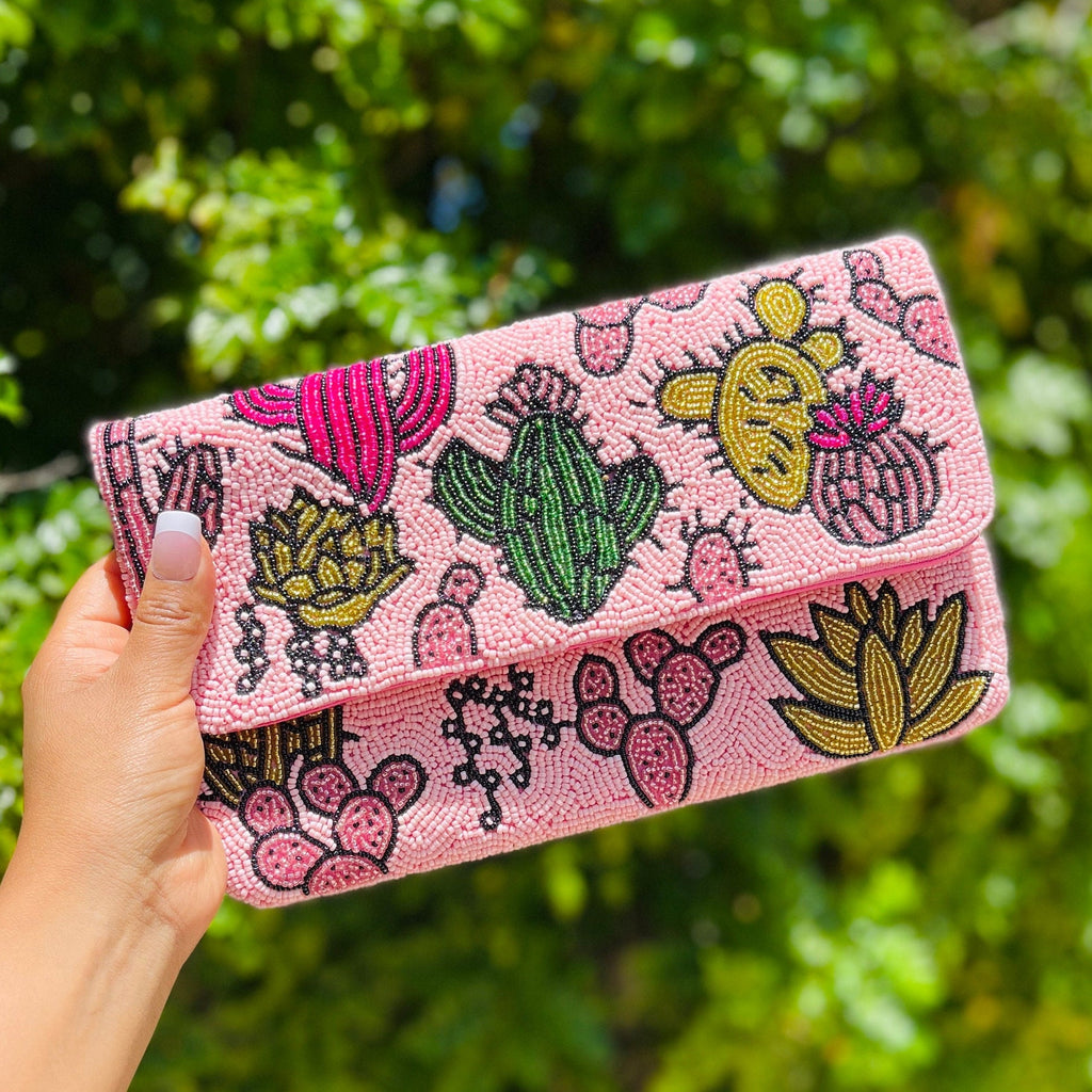 Pink Desert Cactus Beaded Clutch Purse, Succulent Southwestern Boho Crossbody Purse, Beaded Clutch Purse, Rodeo Cowgirl Bag, Best Seller