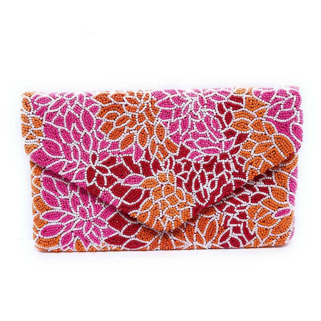 Pink Orange Beaded Clutch Purse, Pink Beaded Purse, Floral Clutch Purse, Floral Beaded Clutch Purse, Party Clutch Purse, Tropical Bead Purse