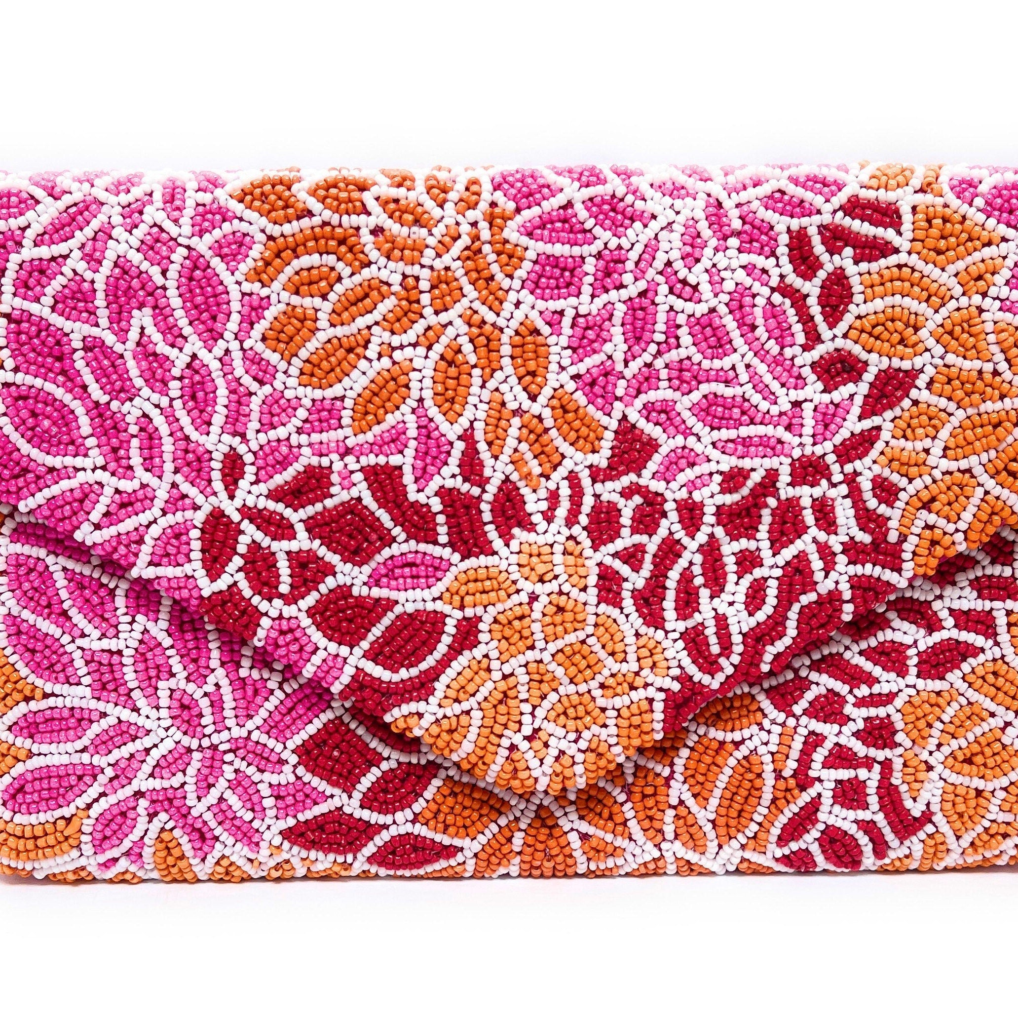 Pink Orange Beaded Clutch Purse, Pink Beaded Purse, Floral Clutch Purse, Floral Beaded Clutch Purse, Party Clutch Purse, Tropical Bead Purse