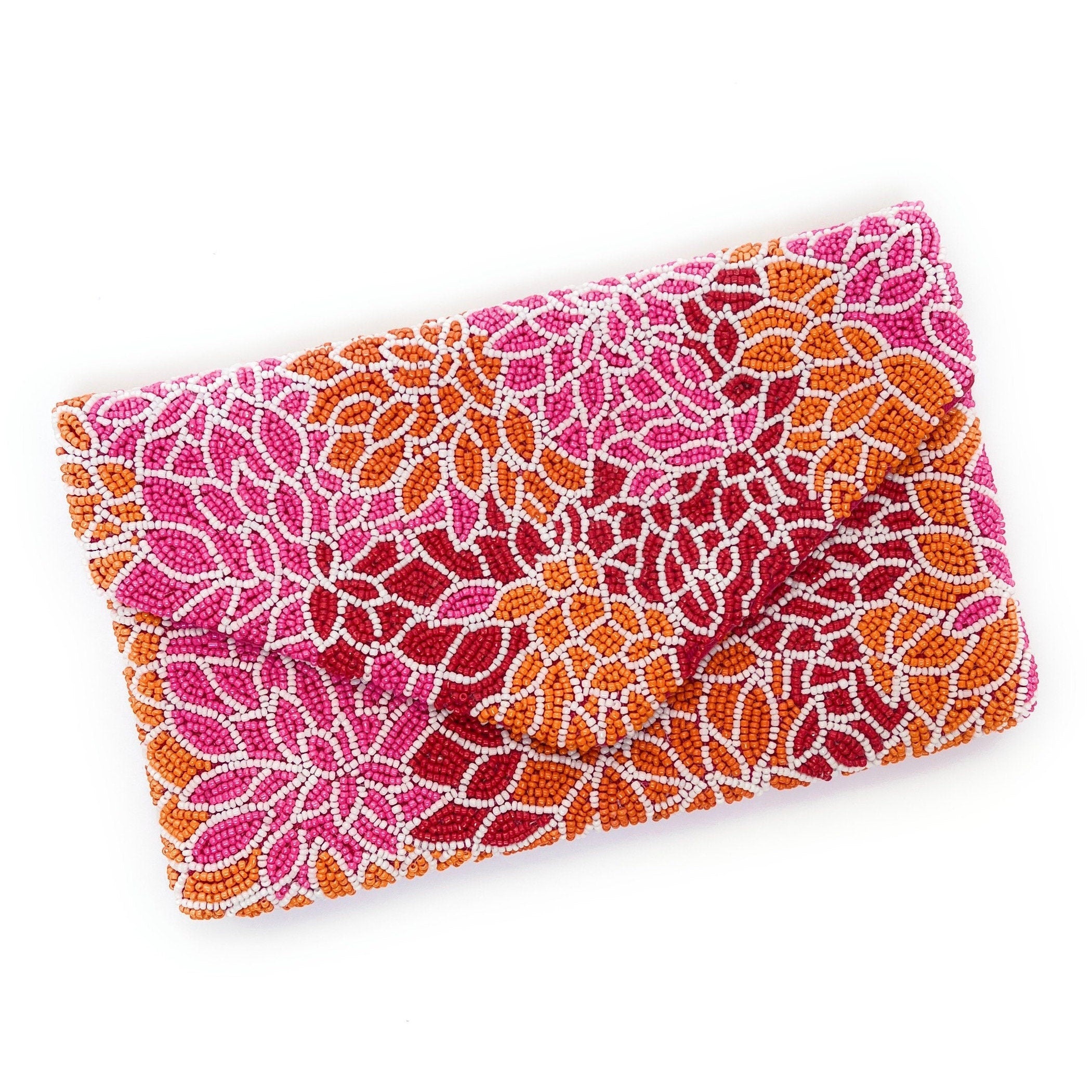Pink Orange Beaded Clutch Purse, Pink Beaded Purse, Floral Clutch Purse, Floral Beaded Clutch Purse, Party Clutch Purse, Tropical Bead Purse