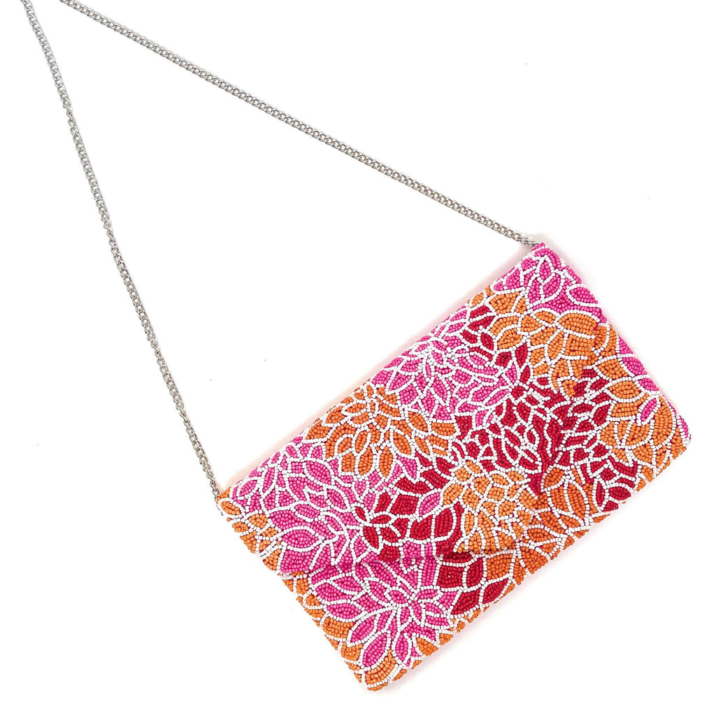 Pink Orange Beaded Clutch Purse, Pink Beaded Purse, Floral Clutch Purse, Floral Beaded Clutch Purse, Party Clutch Purse, Tropical Bead Purse