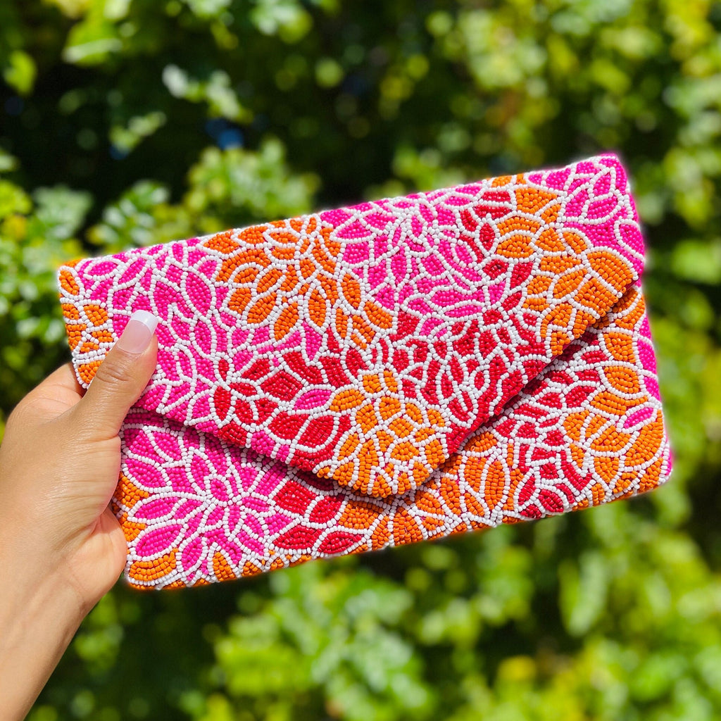 Pink Orange Beaded Clutch Purse, Pink Beaded Purse, Floral Clutch Purse, Floral Beaded Clutch Purse, Party Clutch Purse, Tropical Bead Purse