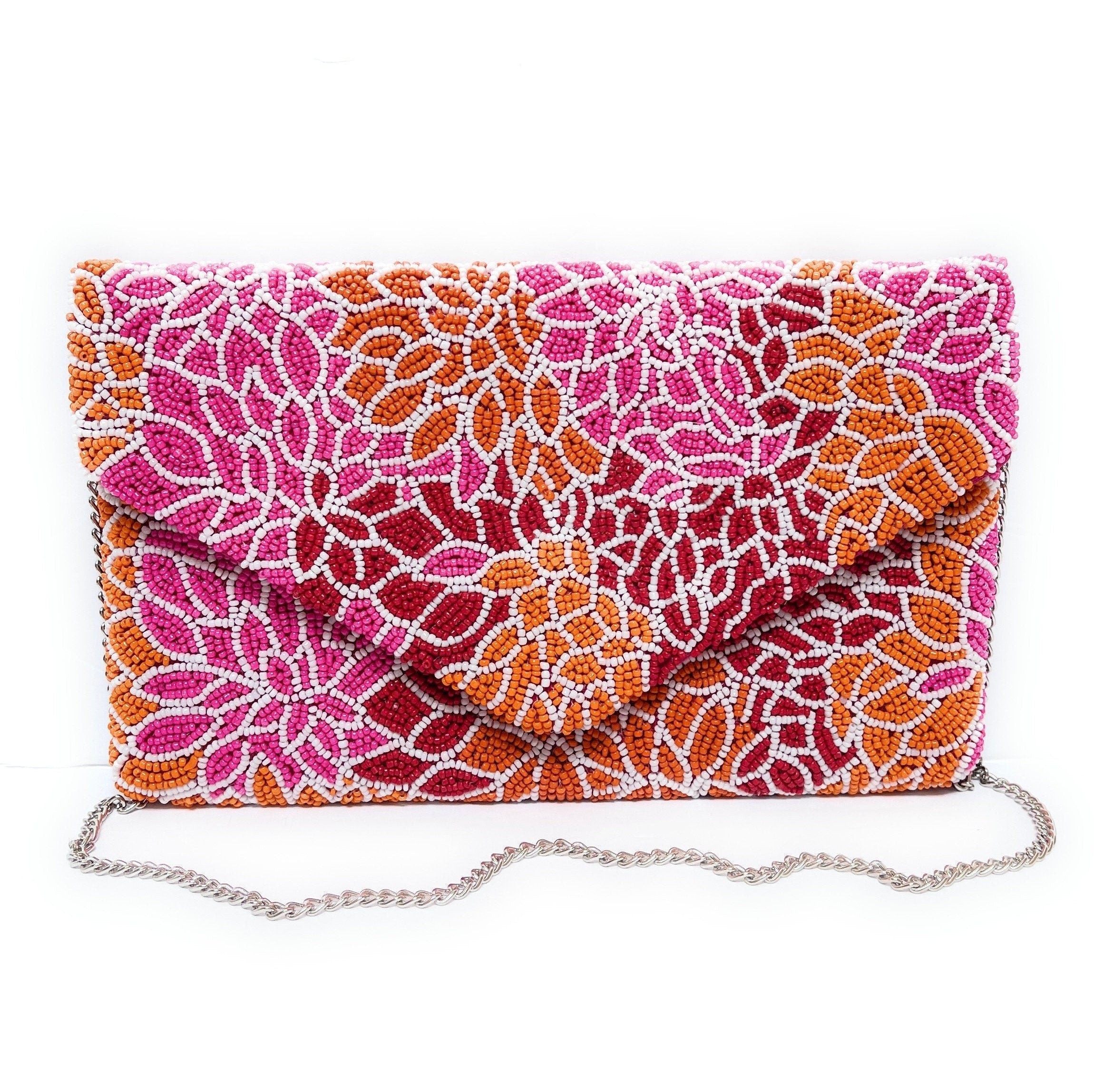 Pink Orange Beaded Clutch Purse, Pink Beaded Purse, Floral Clutch Purse, Floral Beaded Clutch Purse, Party Clutch Purse, Tropical Bead Purse