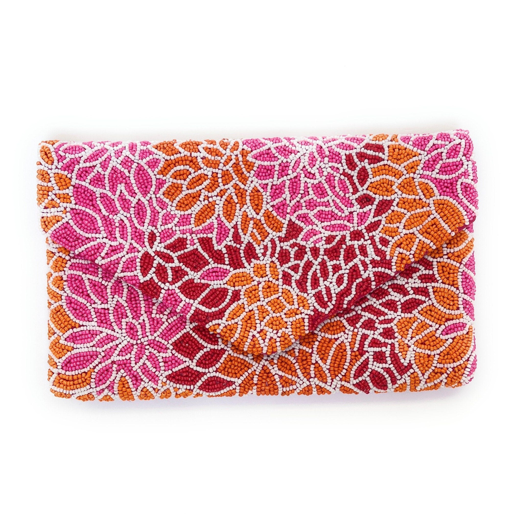 Pink Orange Beaded Clutch Purse, Pink Beaded Purse, Floral Clutch Purse, Floral Beaded Clutch Purse, Party Clutch Purse, Tropical Bead Purse