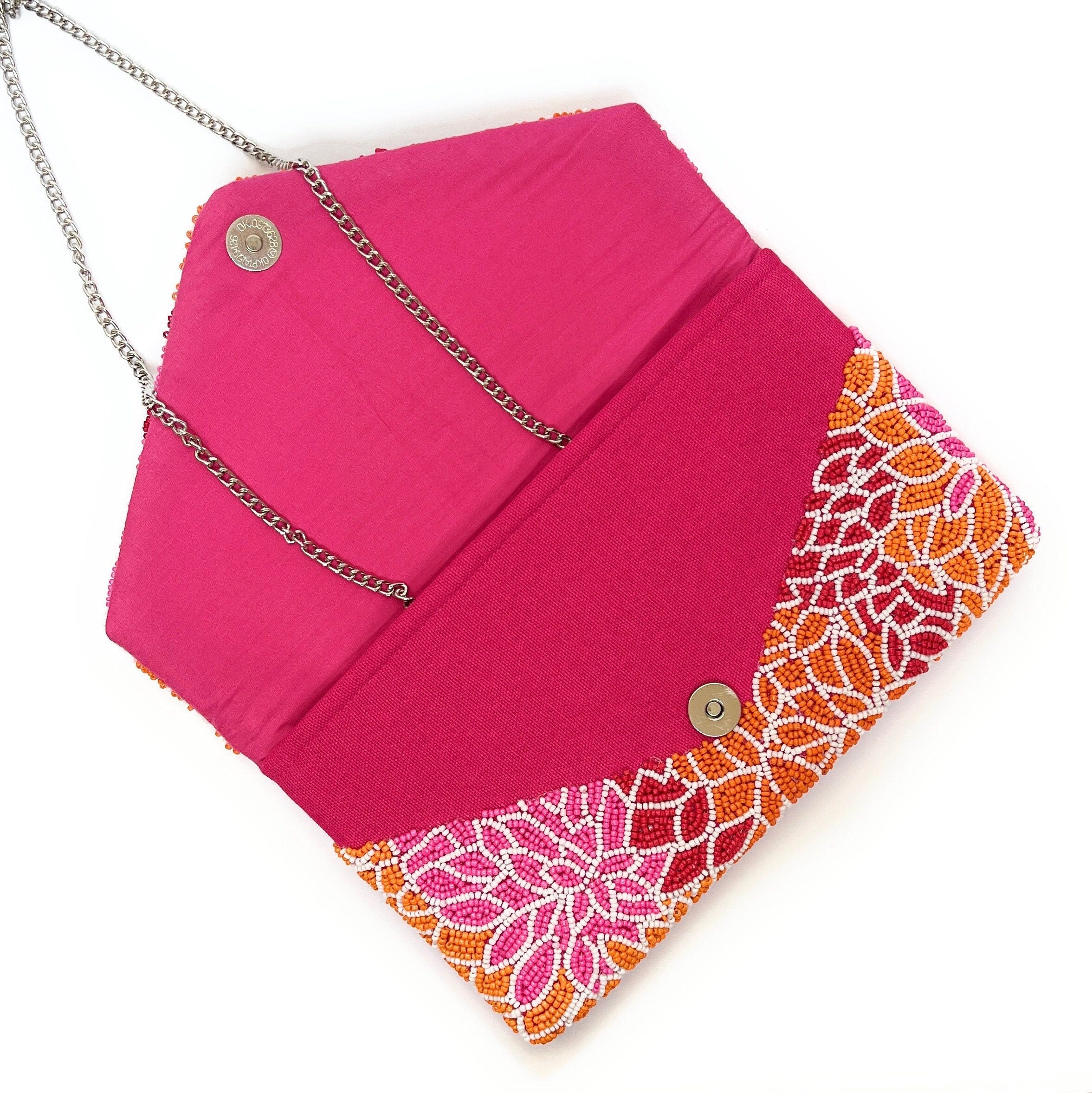 Pink Orange Beaded Clutch Purse, Pink Beaded Purse, Floral Clutch Purse, Floral Beaded Clutch Purse, Party Clutch Purse, Tropical Bead Purse