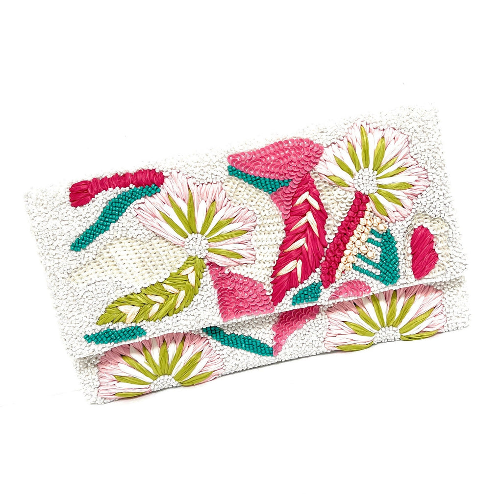 Pink Flowers Beaded Clutch Purse, Multicolor Beaded Bag, Tropical Clutch Purse, Floral Bead Handbag, White Crossbody Bag, Party Clutch Purse