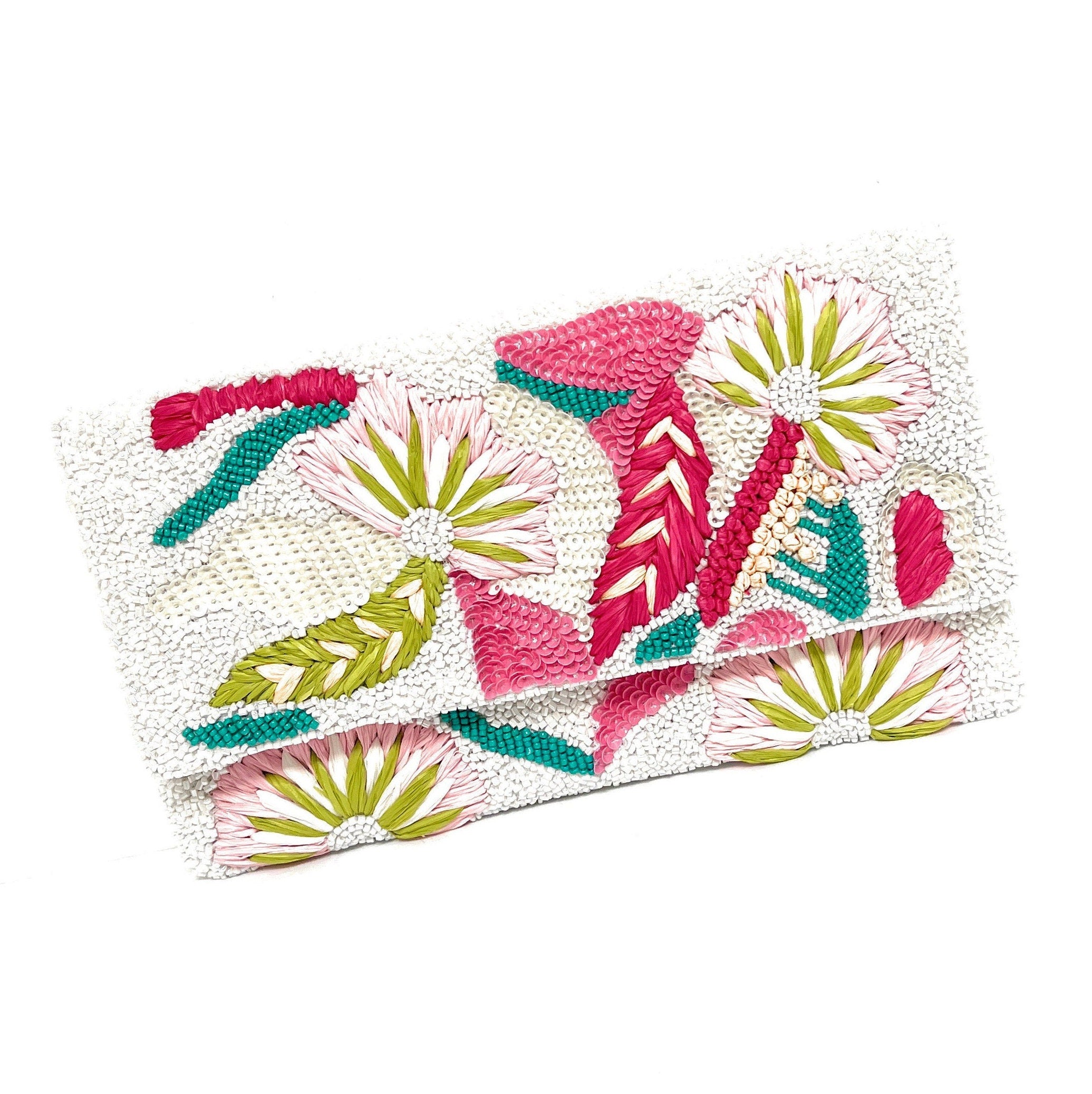 Pink Flowers Beaded Clutch Purse, Multicolor Beaded Bag, Tropical Clutch Purse, Floral Bead Handbag, White Crossbody Bag, Party Clutch Purse