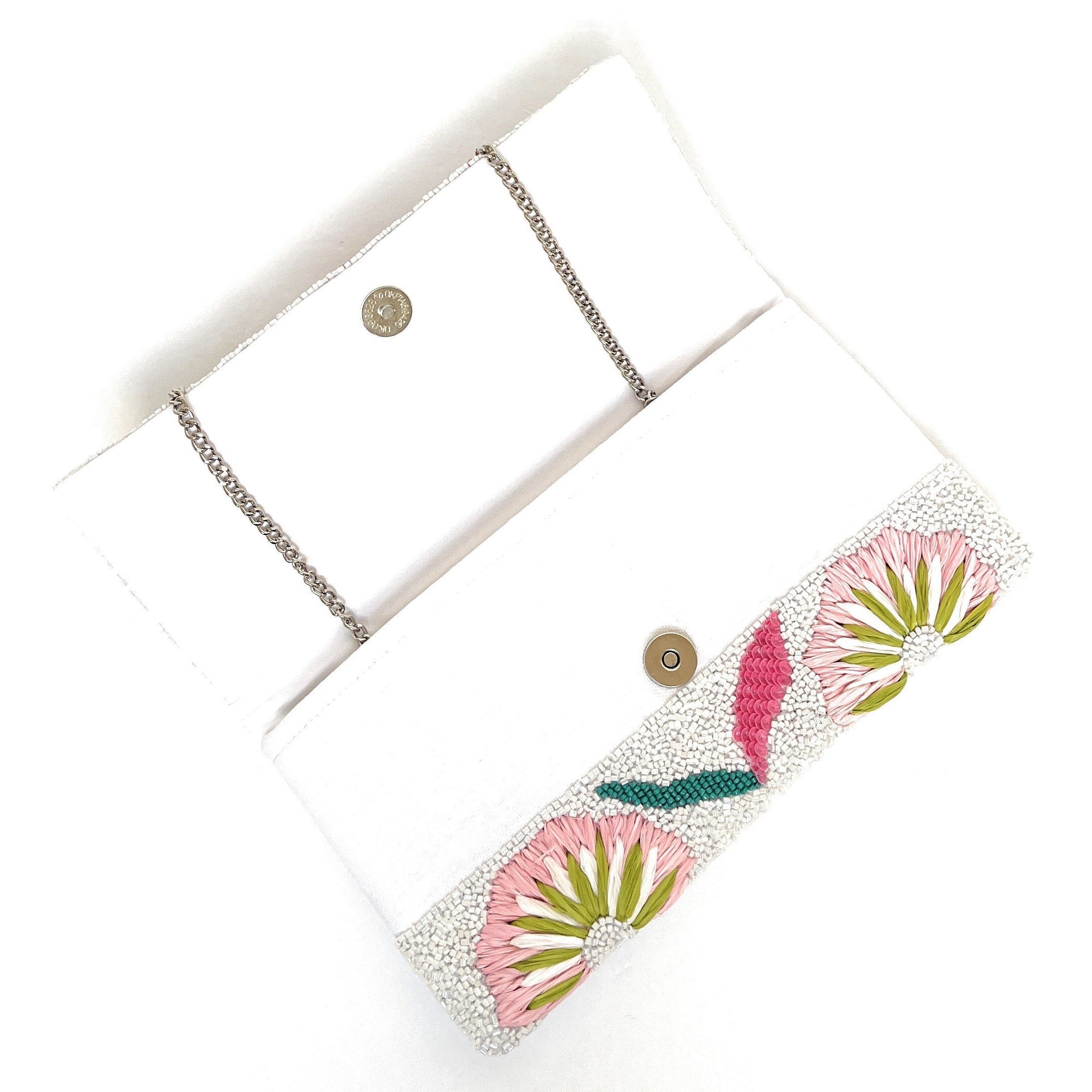Pink Flowers Beaded Clutch Purse, Multicolor Beaded Bag, Tropical Clutch Purse, Floral Bead Handbag, White Crossbody Bag, Party Clutch Purse