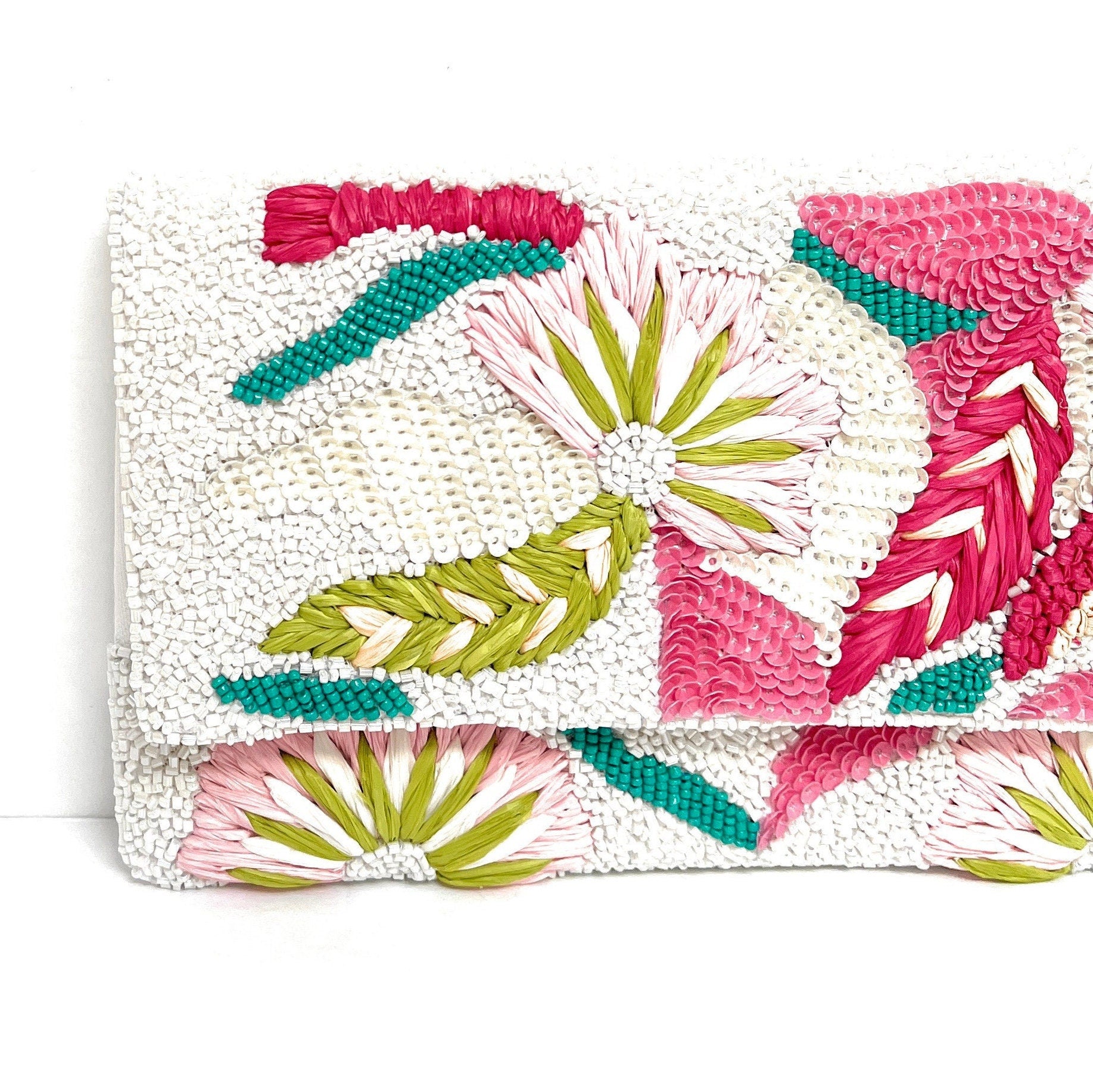 Pink Flowers Beaded Clutch Purse, Multicolor Beaded Bag, Tropical Clutch Purse, Floral Bead Handbag, White Crossbody Bag, Party Clutch Purse