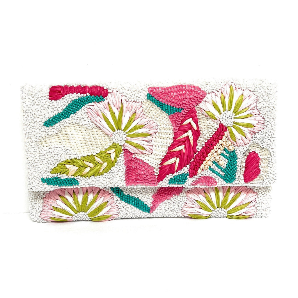 Pink Flowers Beaded Clutch Purse, Multicolor Beaded Bag, Tropical Clutch Purse, Floral Bead Handbag, White Crossbody Bag, Party Clutch Purse