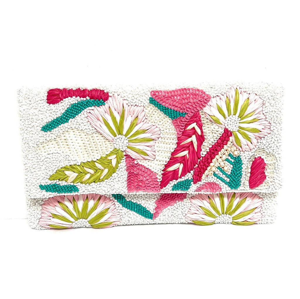 Pink Flowers Beaded Clutch Purse, Multicolor Beaded Bag, Tropical Clutch Purse, Floral Bead Handbag, White Crossbody Bag, Party Clutch Purse