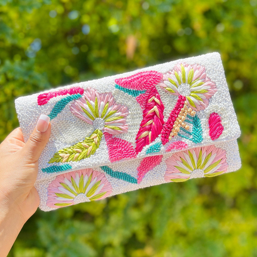 Pink Flowers Beaded Clutch Purse, Multicolor Beaded Bag, Tropical Clutch Purse, Floral Bead Handbag, White Crossbody Bag, Party Clutch Purse