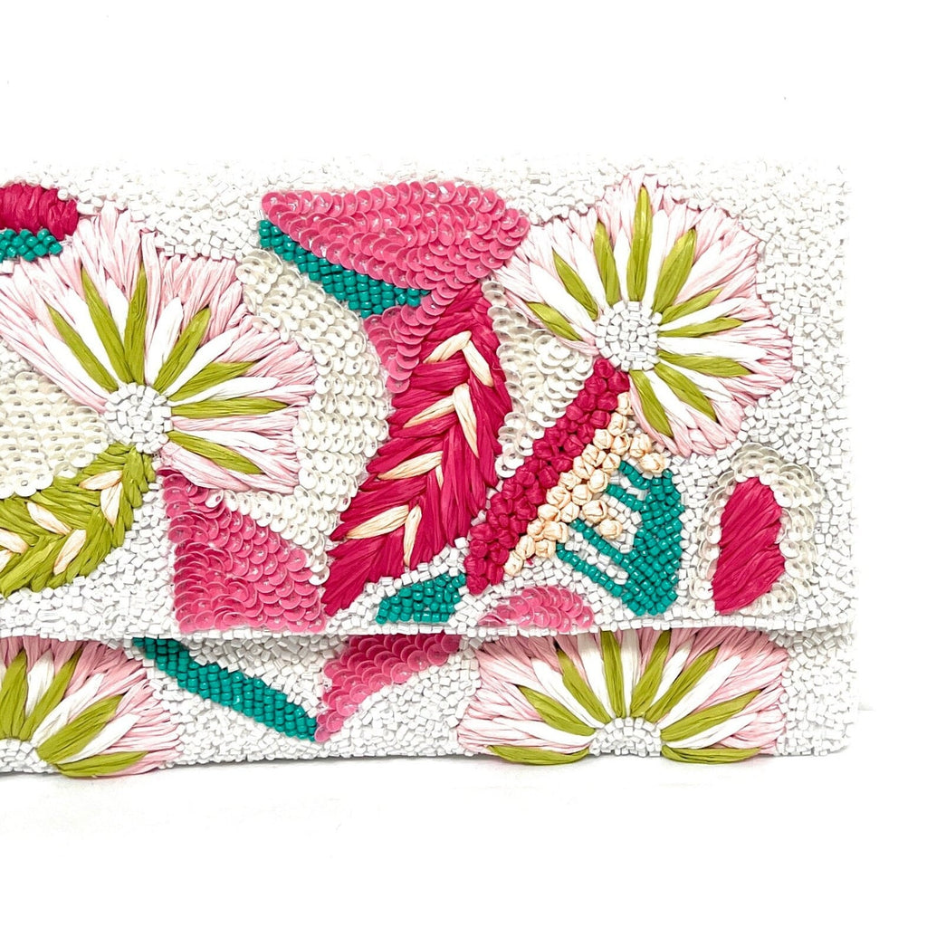 Pink Flowers Beaded Clutch Purse, Multicolor Beaded Bag, Tropical Clutch Purse, Floral Bead Handbag, White Crossbody Bag, Party Clutch Purse