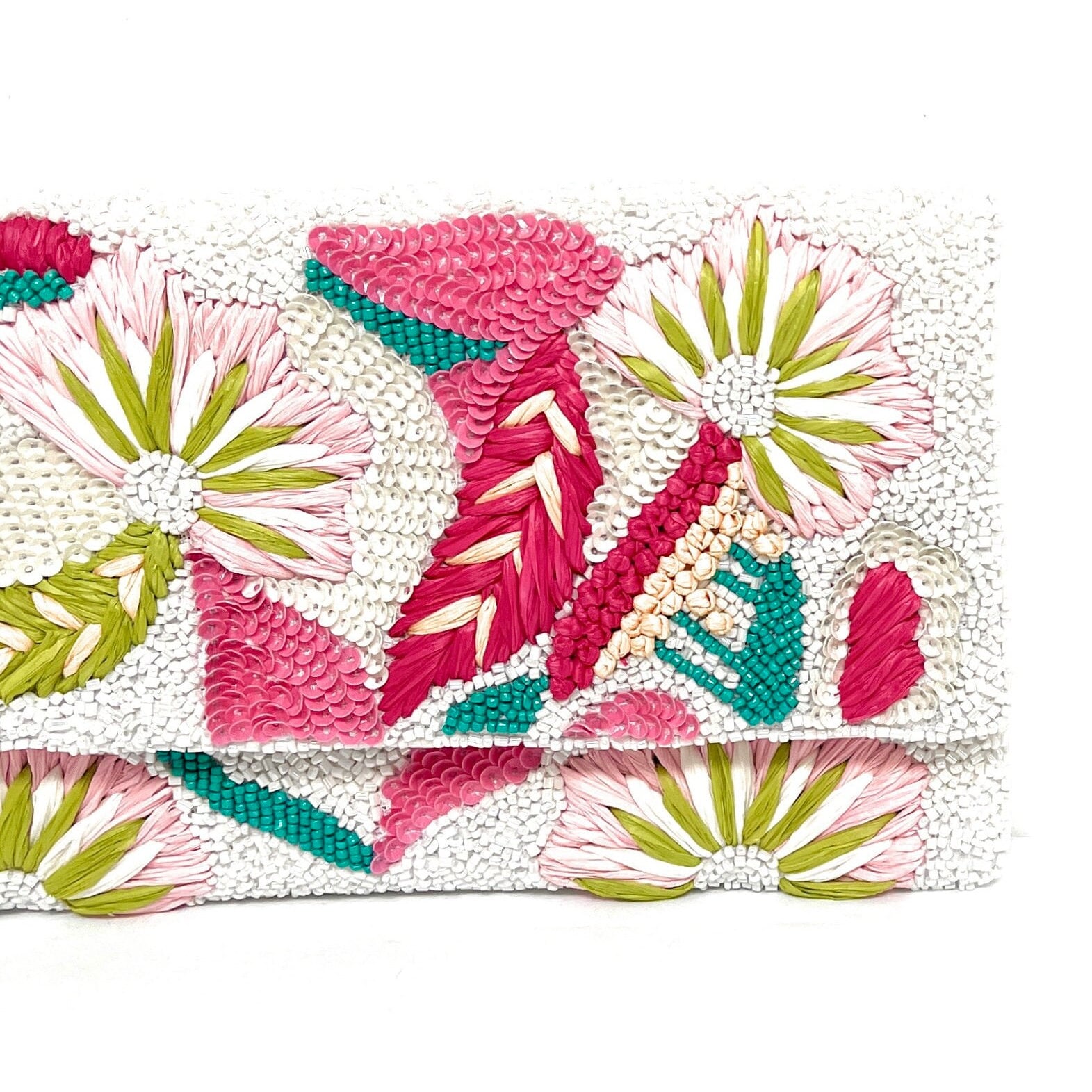 Pink Flowers Beaded Clutch Purse, Multicolor Beaded Bag, Tropical Clutch Purse, Floral Bead Handbag, White Crossbody Bag, Party Clutch Purse