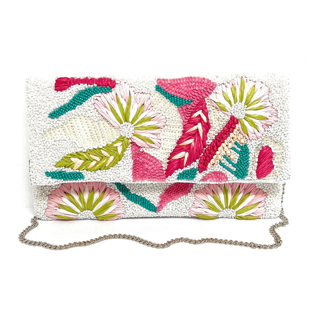 Pink Flowers Beaded Clutch Purse, Multicolor Beaded Bag, Tropical Clutch Purse, Floral Bead Handbag, White Crossbody Bag, Party Clutch Purse