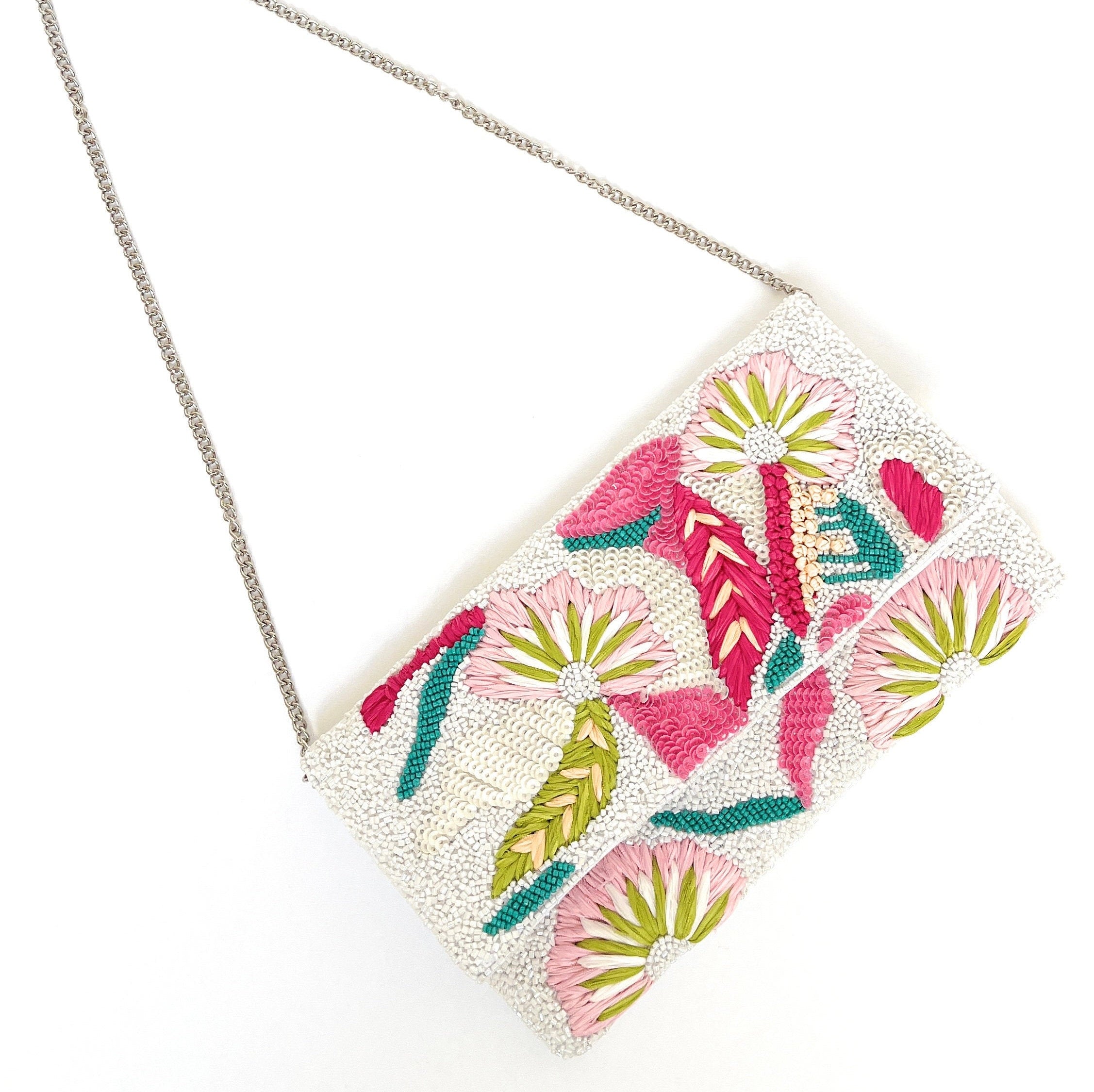 Pink Flowers Beaded Clutch Purse, Multicolor Beaded Bag, Tropical Clutch Purse, Floral Bead Handbag, White Crossbody Bag, Party Clutch Purse