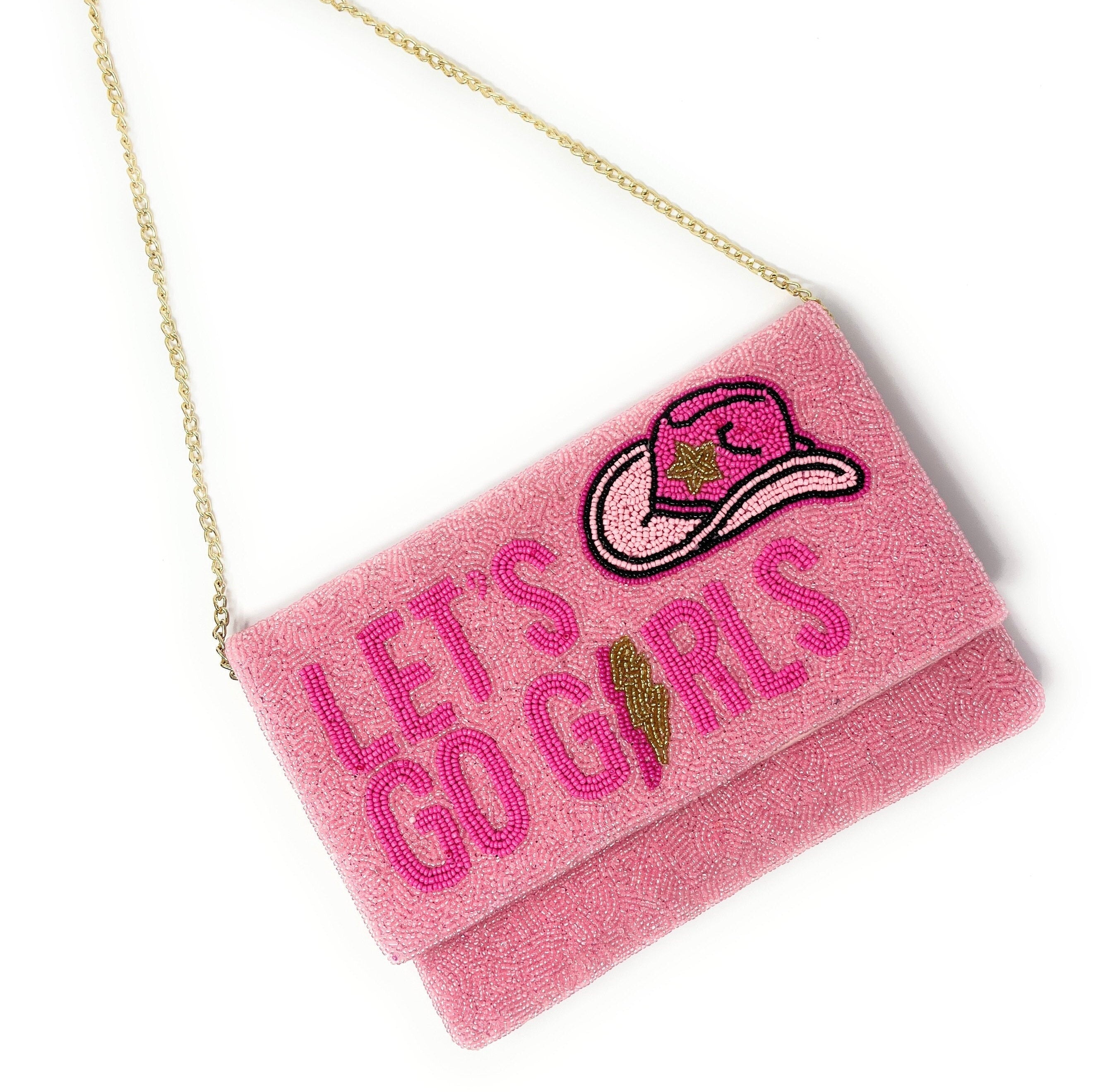 LET'S GO GIRLS Beaded Clutch Purse, Pink Beaded Clutch Bag, Pink Beaded Clutch Purse, Country Girl Gifts, Party Clutch Purse, Birthday Gift