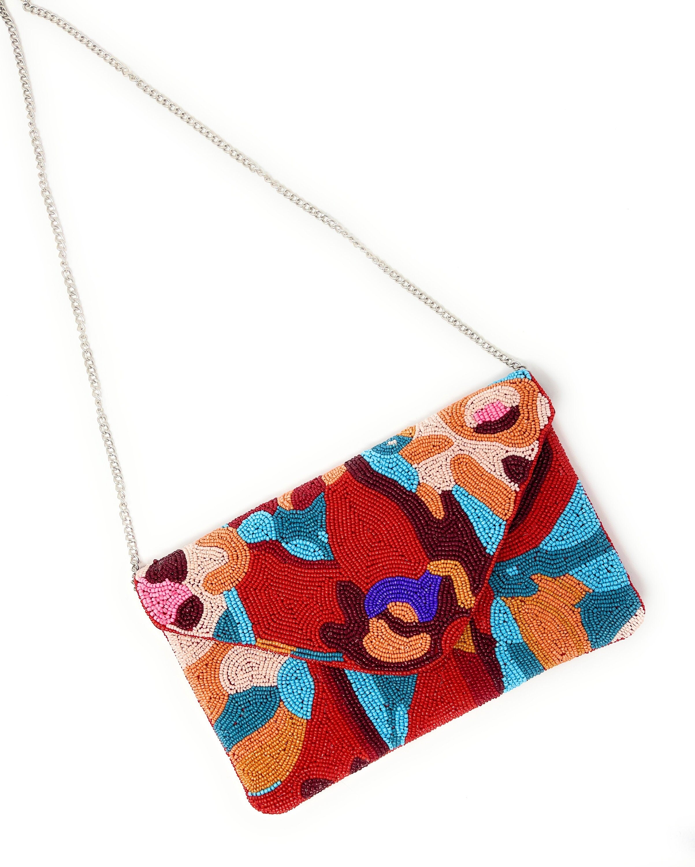 Multi Color Beaded Clutch Purse, Red Clutch Bag, Beaded Clutch Purse, Summer Beaded Bag, Party Clutch Purse, Birthday Gift, Boho Bead Clutch