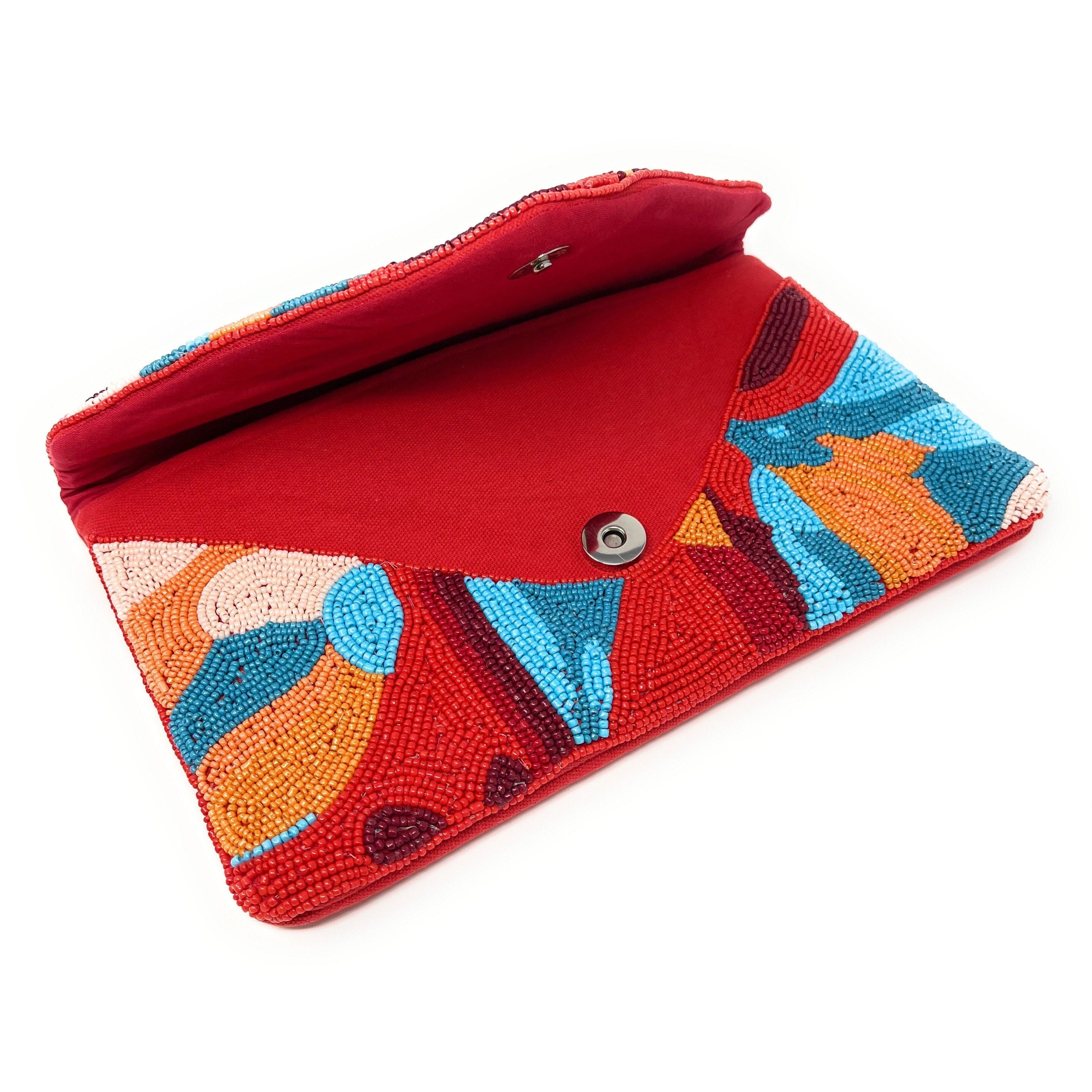 Multi Color Beaded Clutch Purse, Red Clutch Bag, Beaded Clutch Purse, Summer Beaded Bag, Party Clutch Purse, Birthday Gift, Boho Bead Clutch