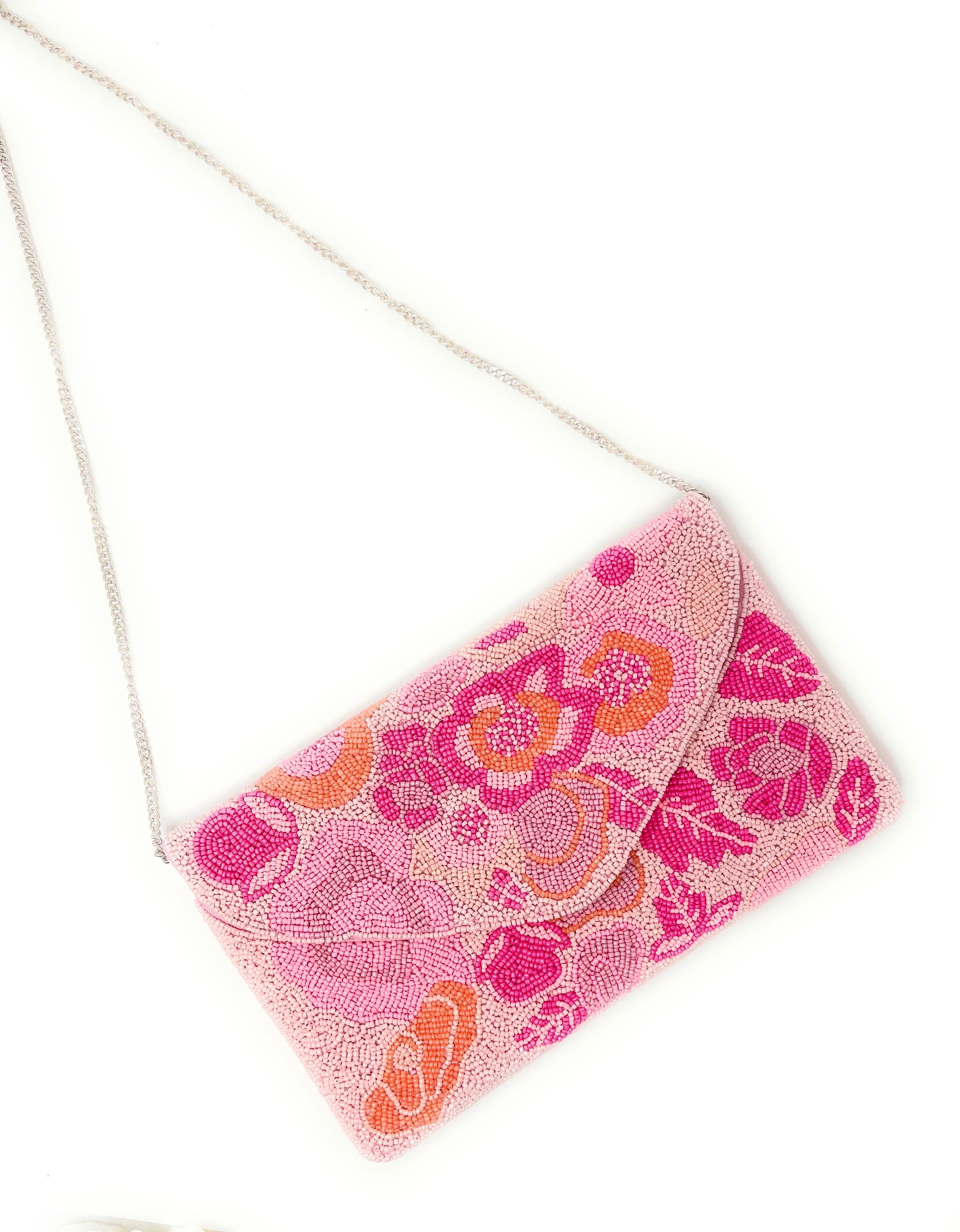 Pink Floral Beaded Clutch Purse, Handmade Party Bag