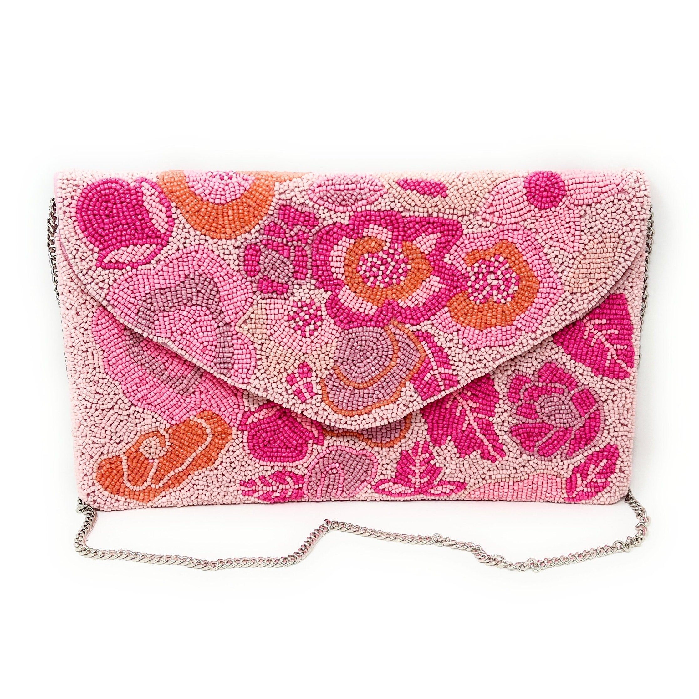 Pink Floral Beaded Clutch Purse, Handmade Party Bag