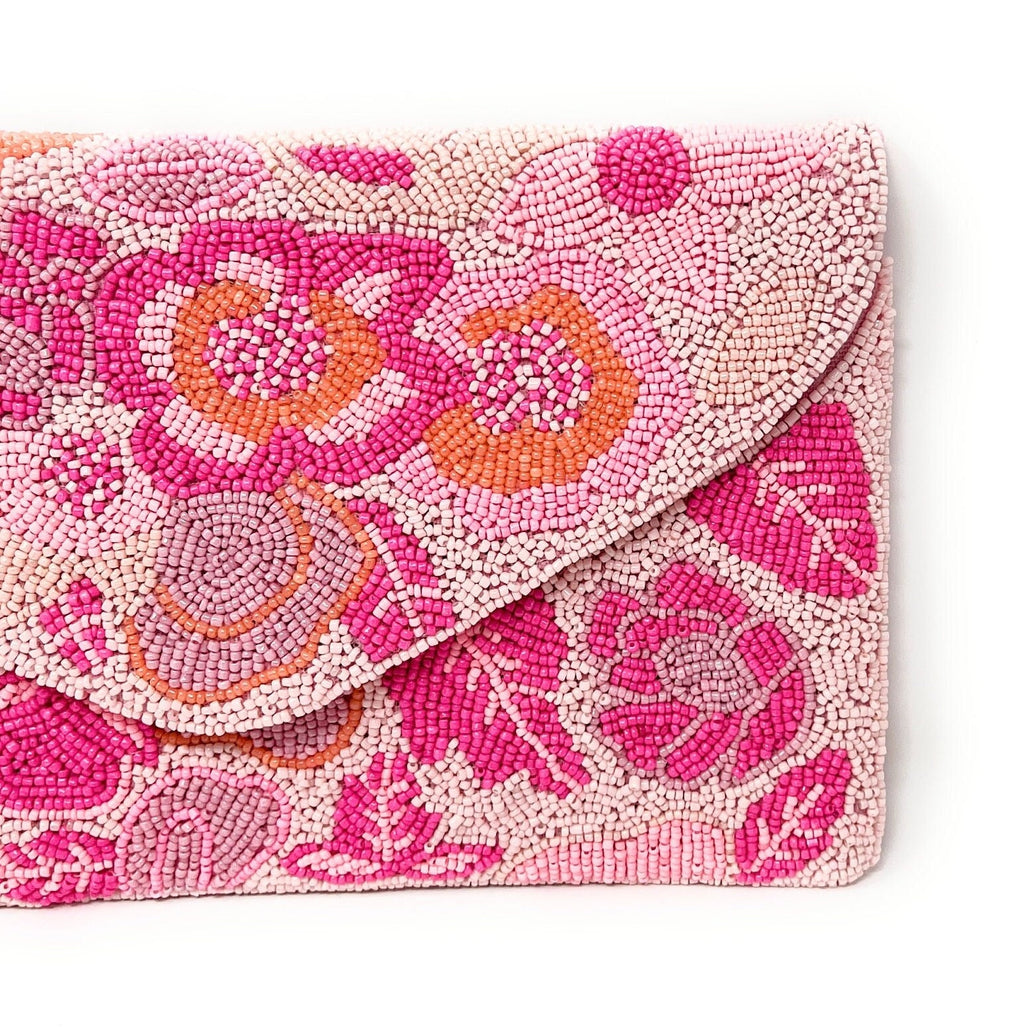 Pink Floral Beaded Clutch Purse, Handmade Party Bag