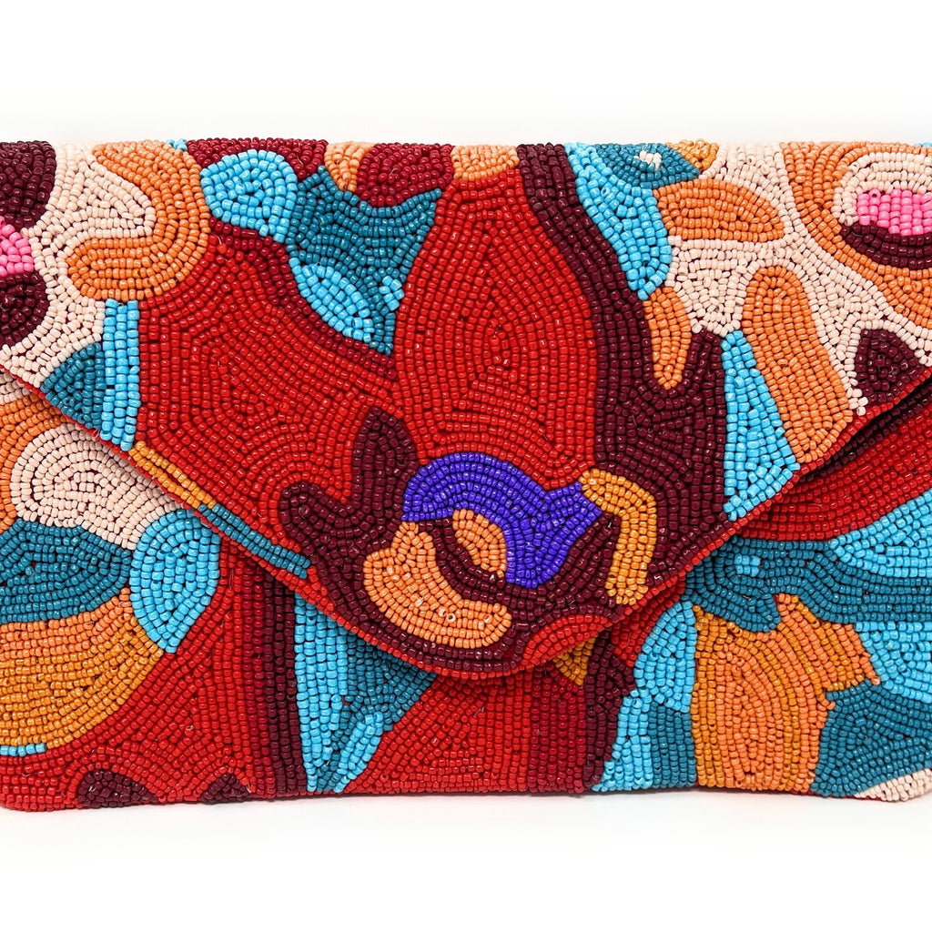 Multi Color Beaded Clutch Purse, Red Clutch Bag, Beaded Clutch Purse, Summer Beaded Bag, Party Clutch Purse, Birthday Gift, Boho Bead Clutch