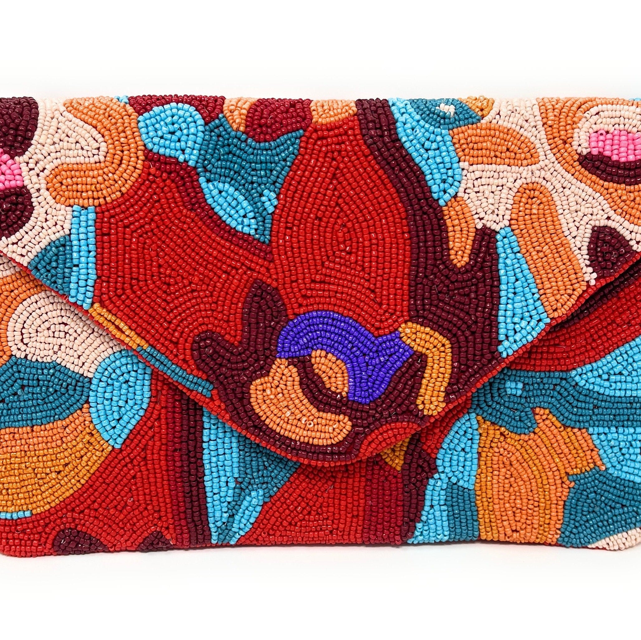 Multi Color Beaded Clutch Purse, Red Clutch Bag, Beaded Clutch Purse, Summer Beaded Bag, Party Clutch Purse, Birthday Gift, Boho Bead Clutch