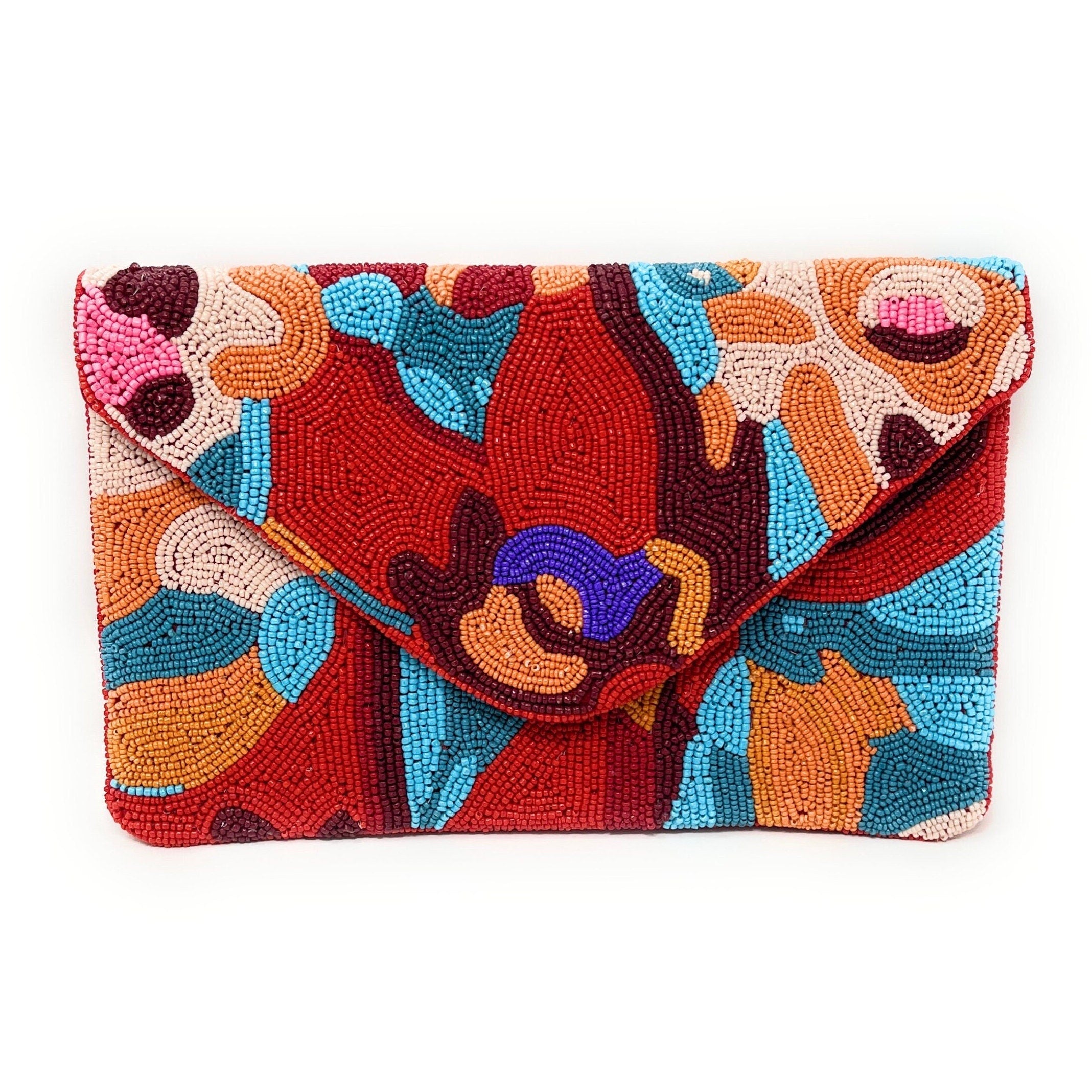 Multi Color Beaded Clutch Purse, Red Clutch Bag, Beaded Clutch Purse, Summer Beaded Bag, Party Clutch Purse, Birthday Gift, Boho Bead Clutch