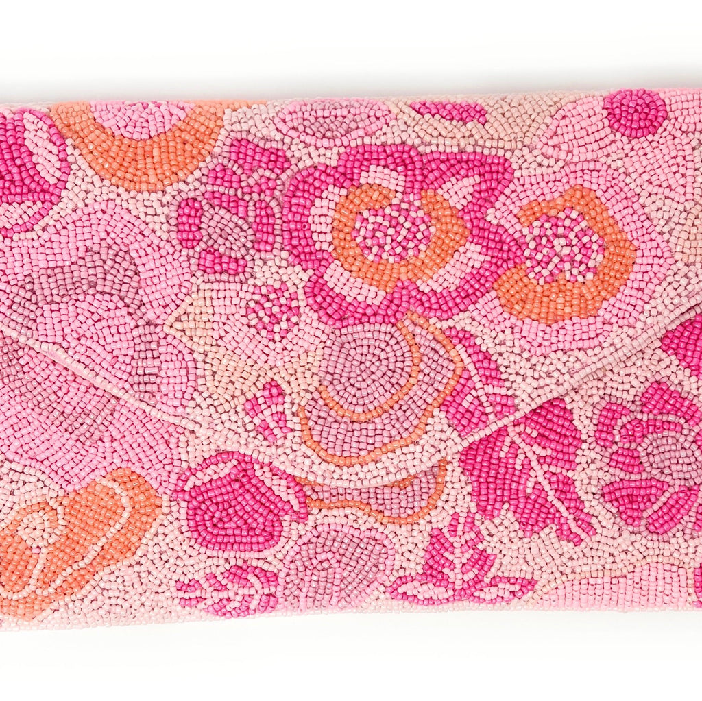 Pink Floral Beaded Clutch Purse, Handmade Party Bag