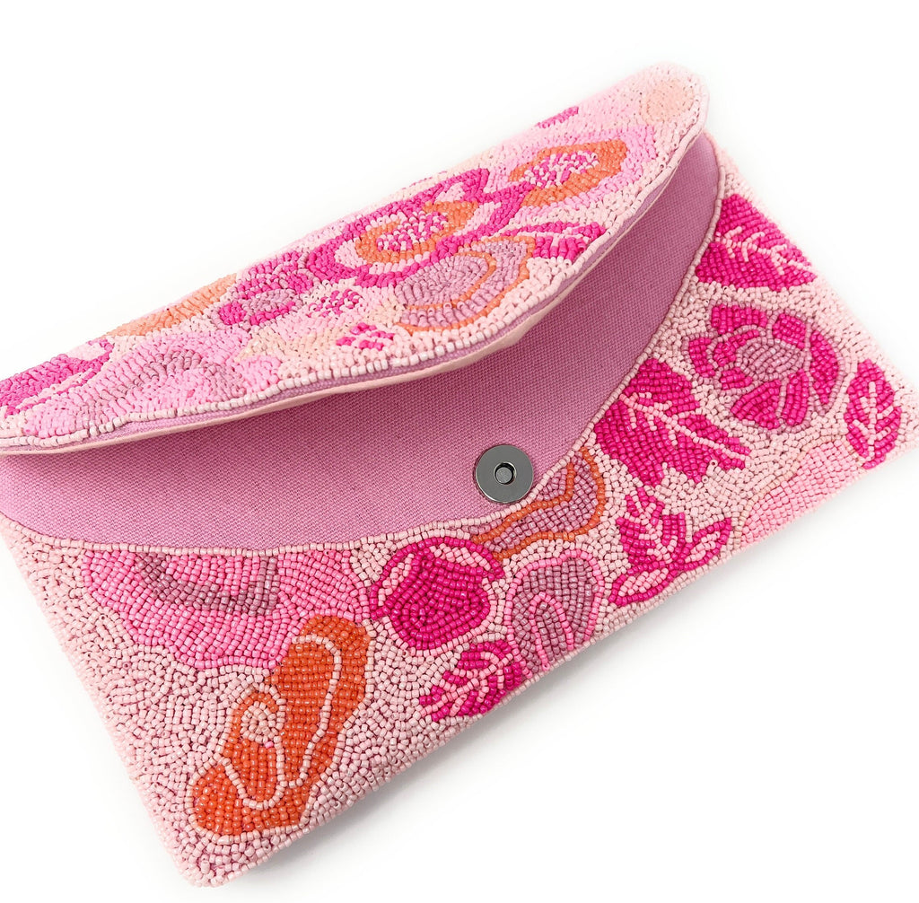 Pink Floral Beaded Clutch Purse, Handmade Party Bag