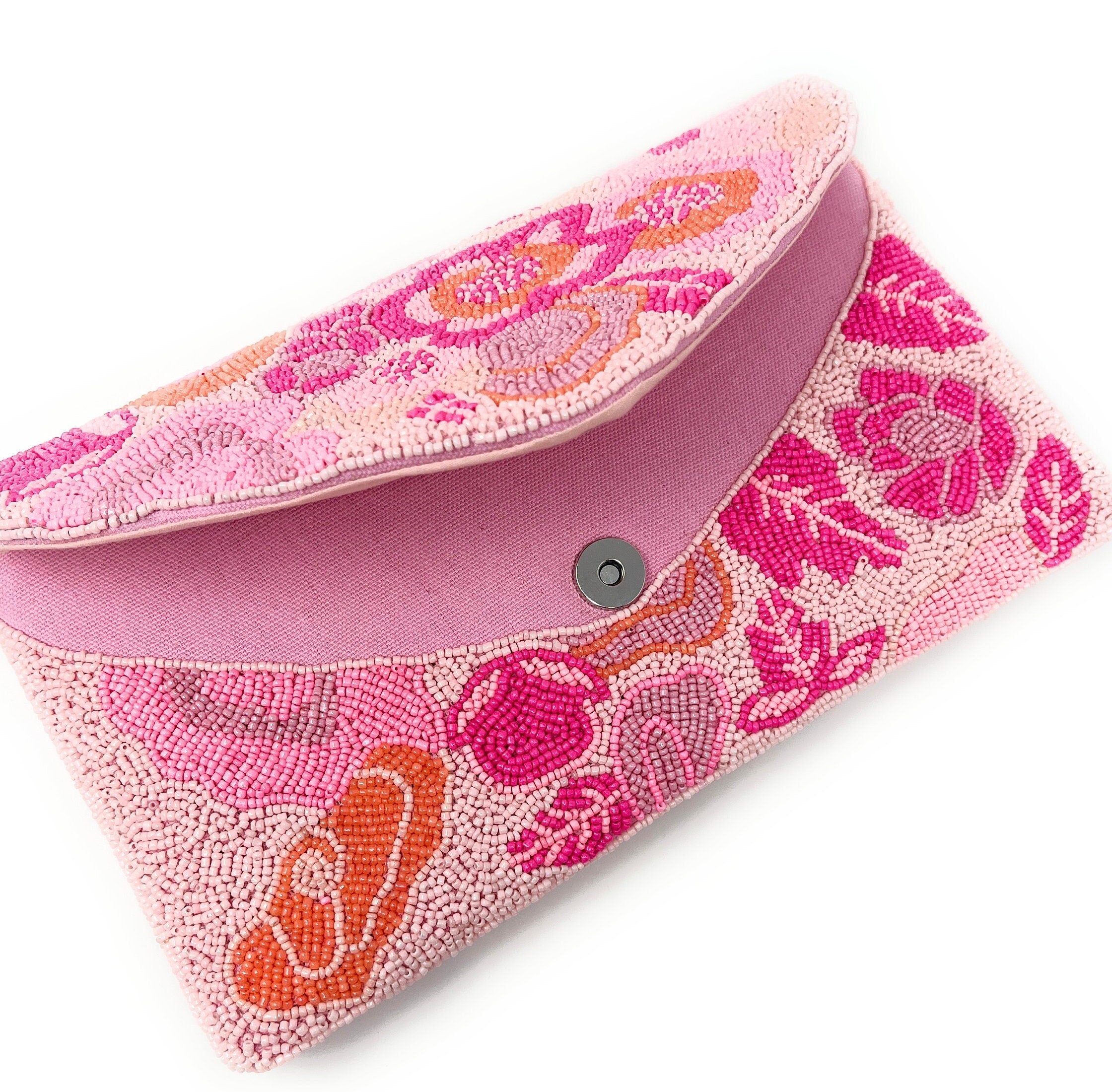 Pink Floral Beaded Clutch Purse, Handmade Party Bag
