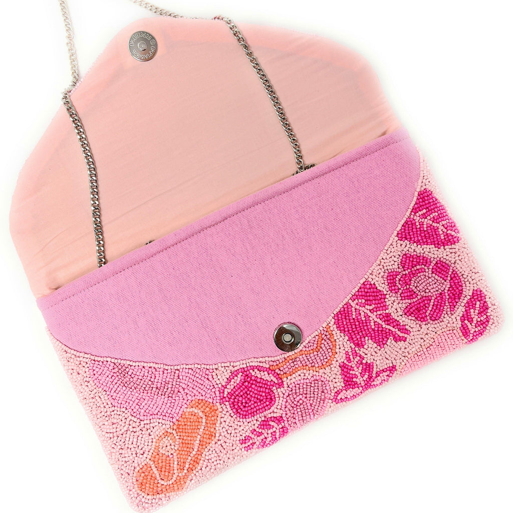 Pink Floral Beaded Clutch Purse, Handmade Party Bag