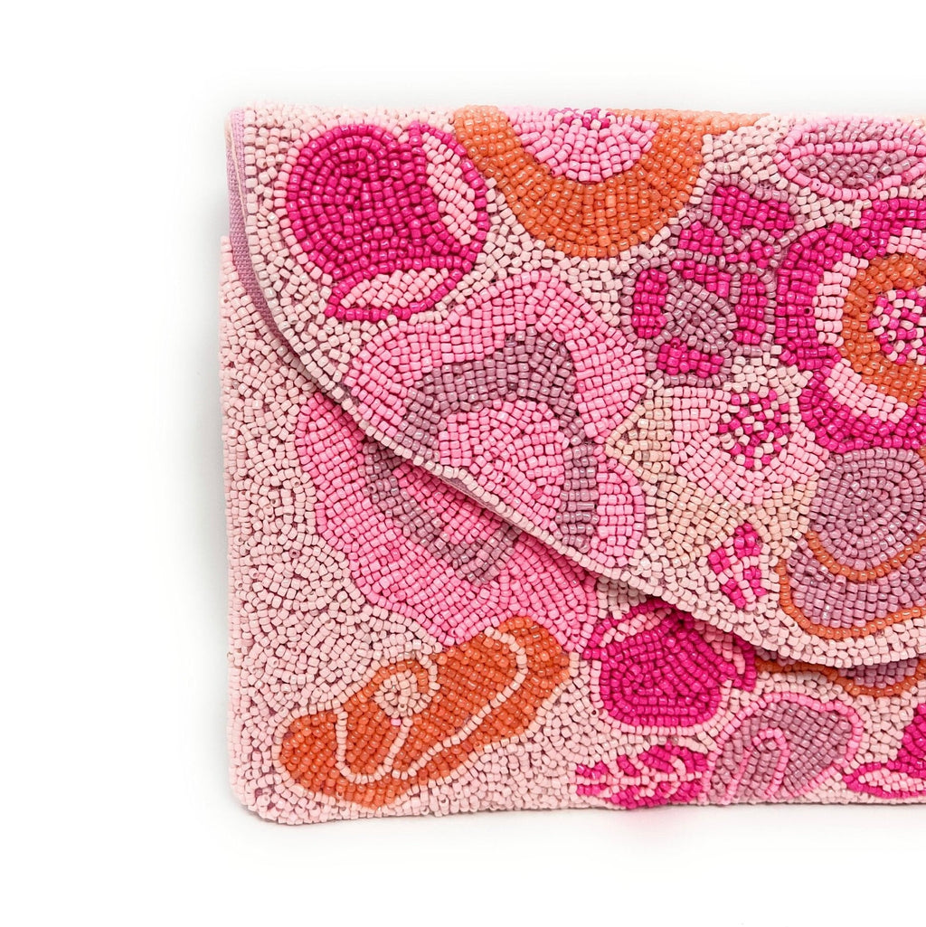 Pink Floral Beaded Clutch Purse, Handmade Party Bag