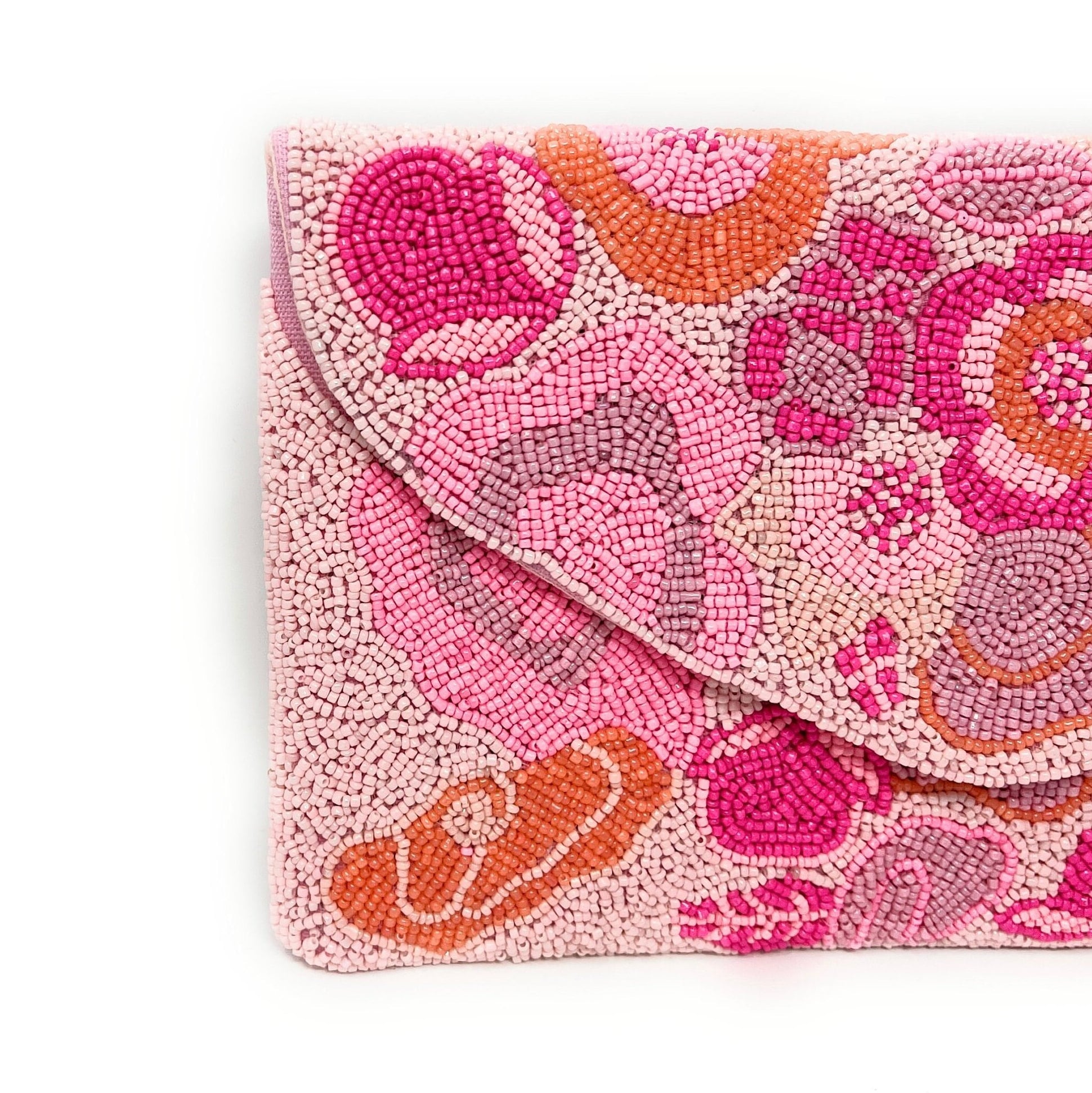 Pink Floral Beaded Clutch Purse, Handmade Party Bag