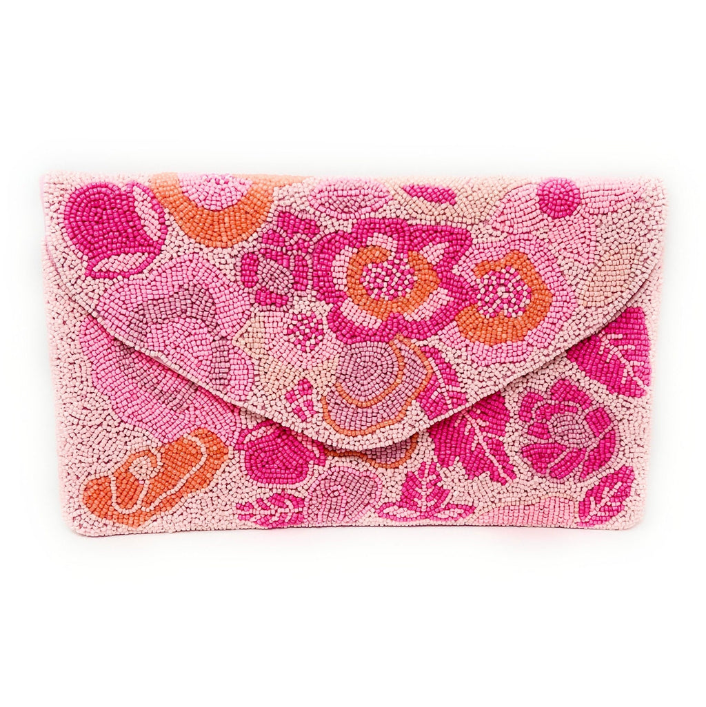 Pink Floral Beaded Clutch Purse, Handmade Party Bag